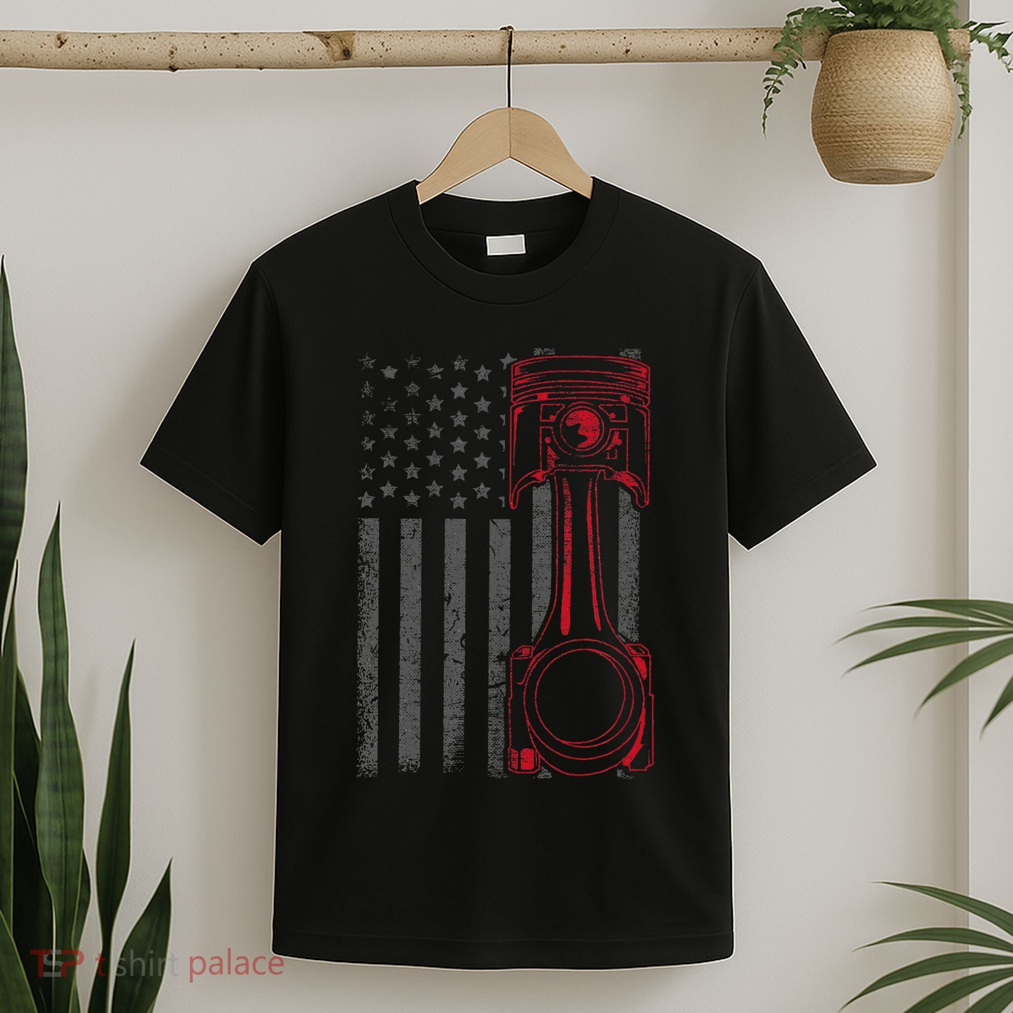 American Flag Piston Funny Muscle Car Mechanic Gift T-Shirt