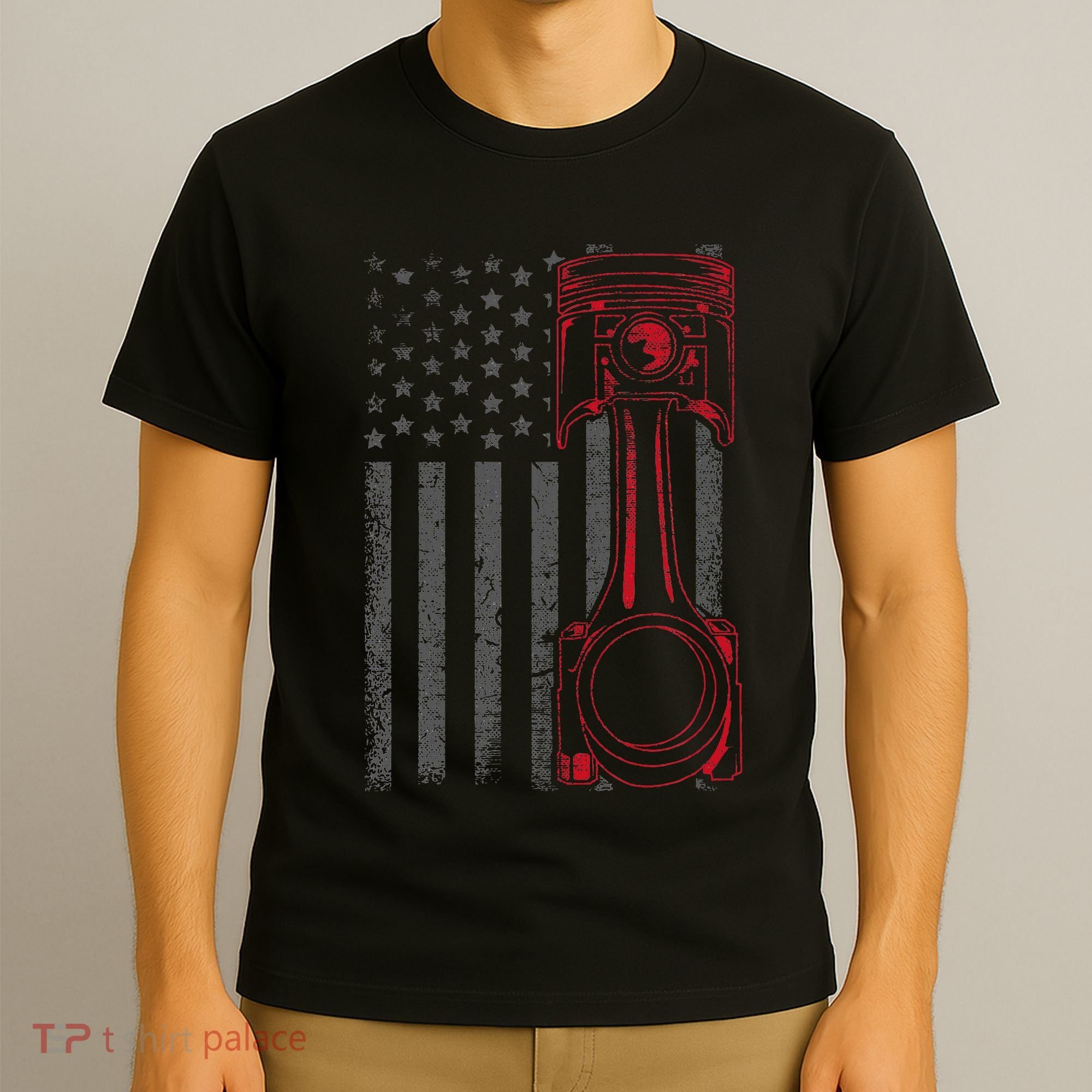 American Flag Piston Funny Muscle Car Mechanic Gift T-Shirt