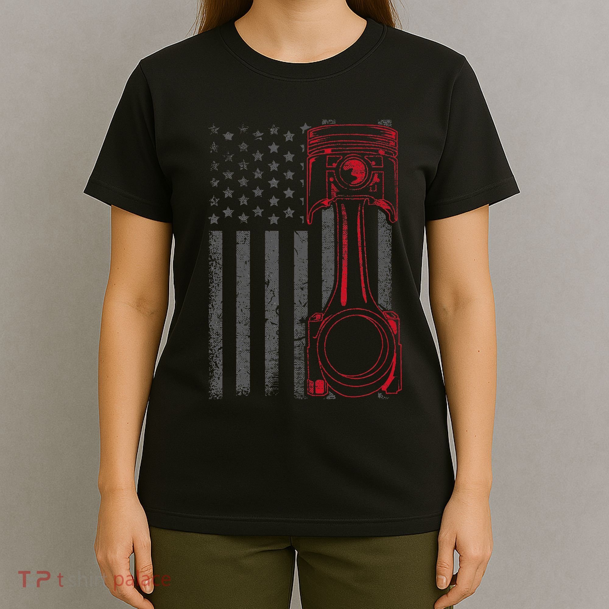 American Flag Piston Funny Muscle Car Mechanic Gift T-Shirt