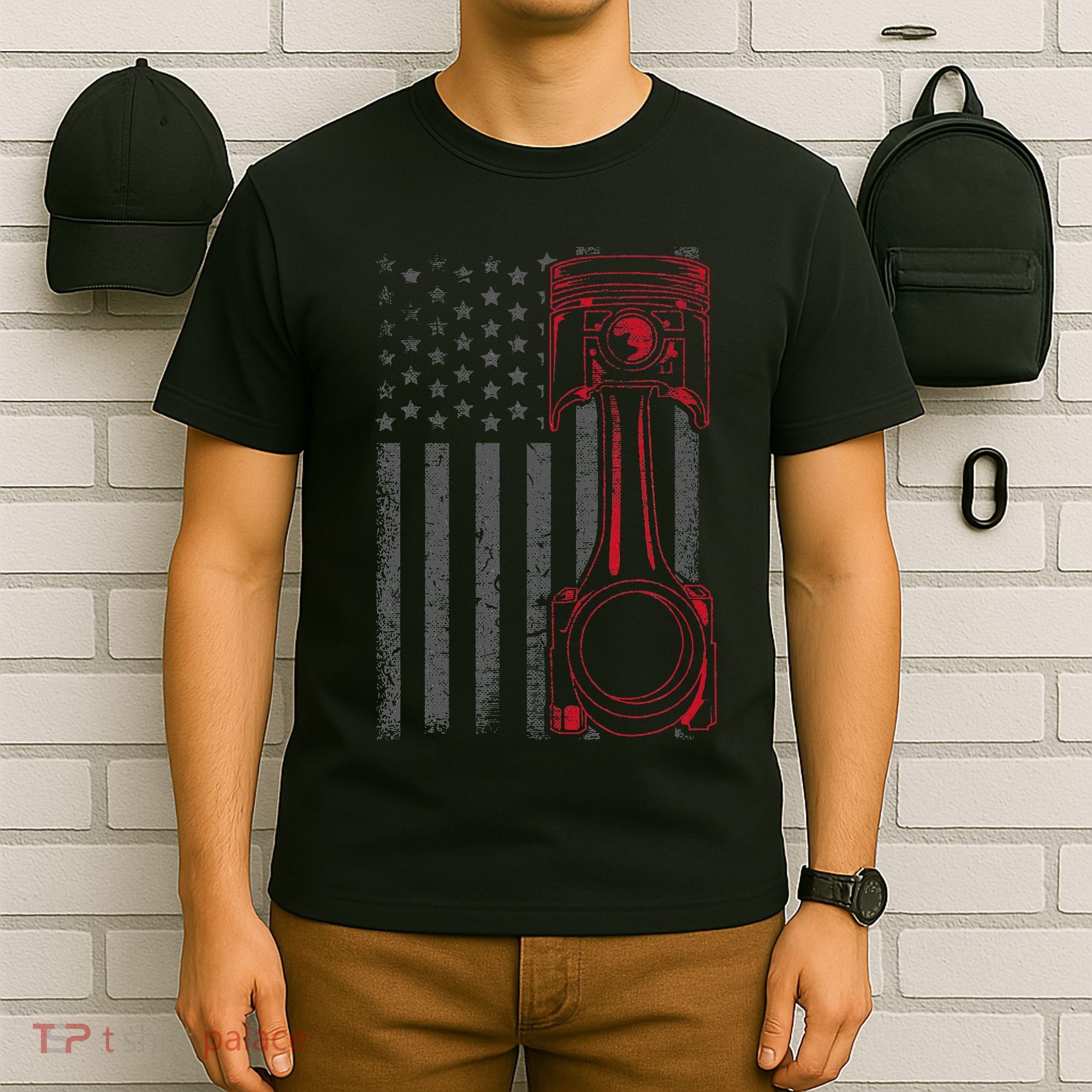 American Flag Piston Funny Muscle Car Mechanic Gift T-Shirt