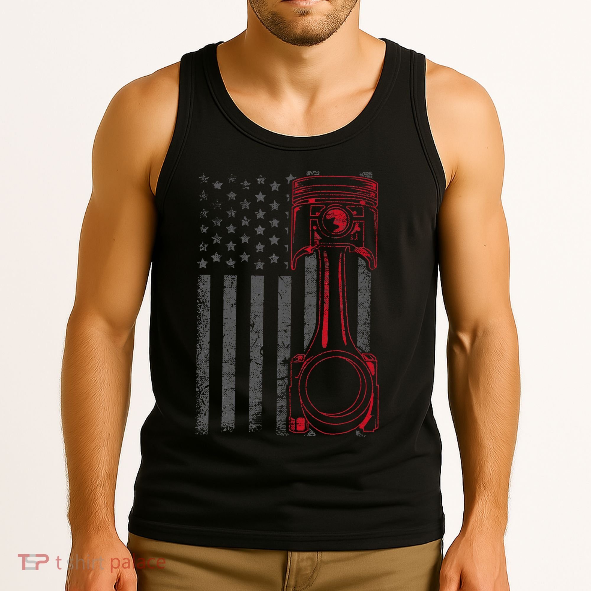 American Flag Piston Funny Muscle Car Mechanic Gift Tank Top