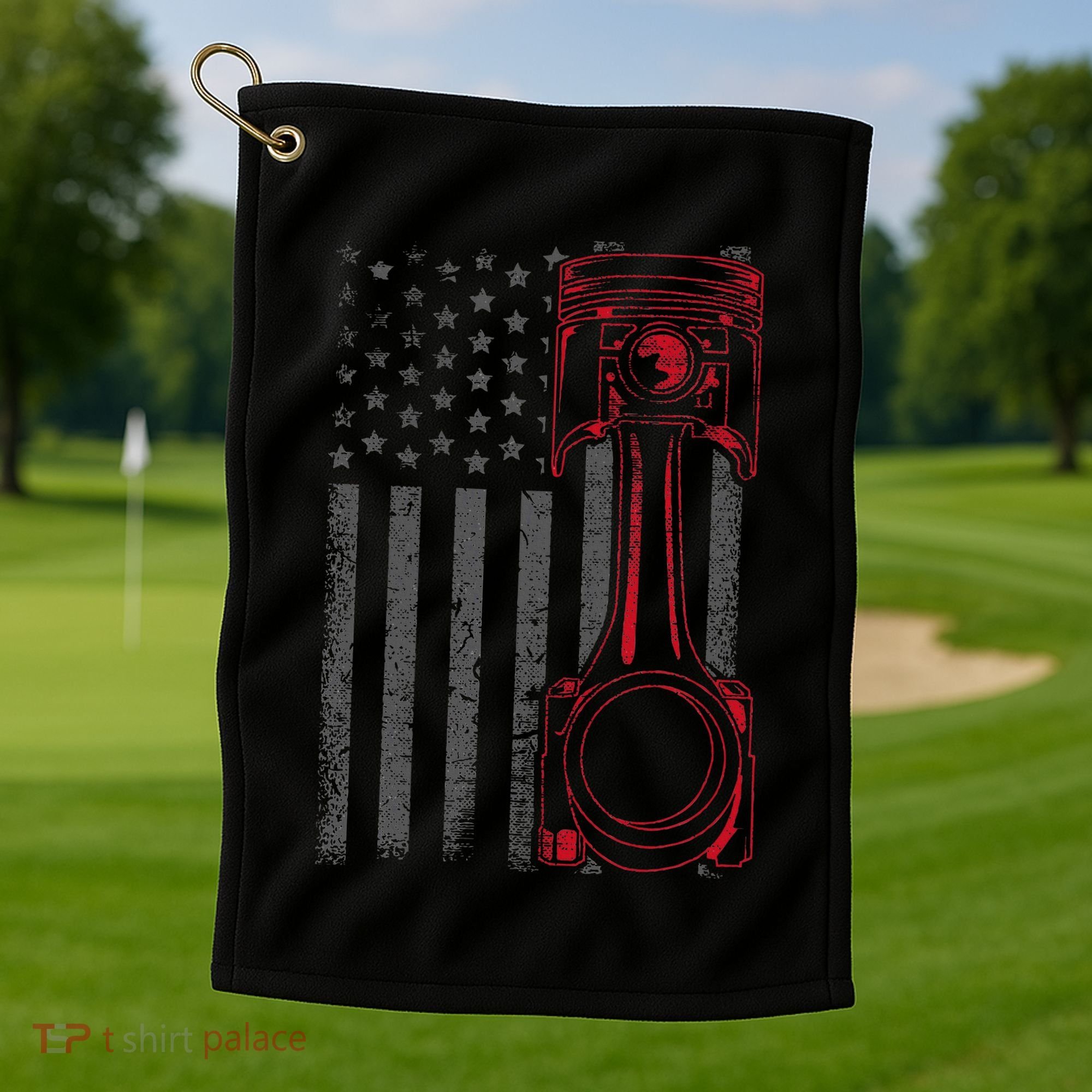 American Flag Piston Funny Muscle Car Mechanic Gift Golf Towel