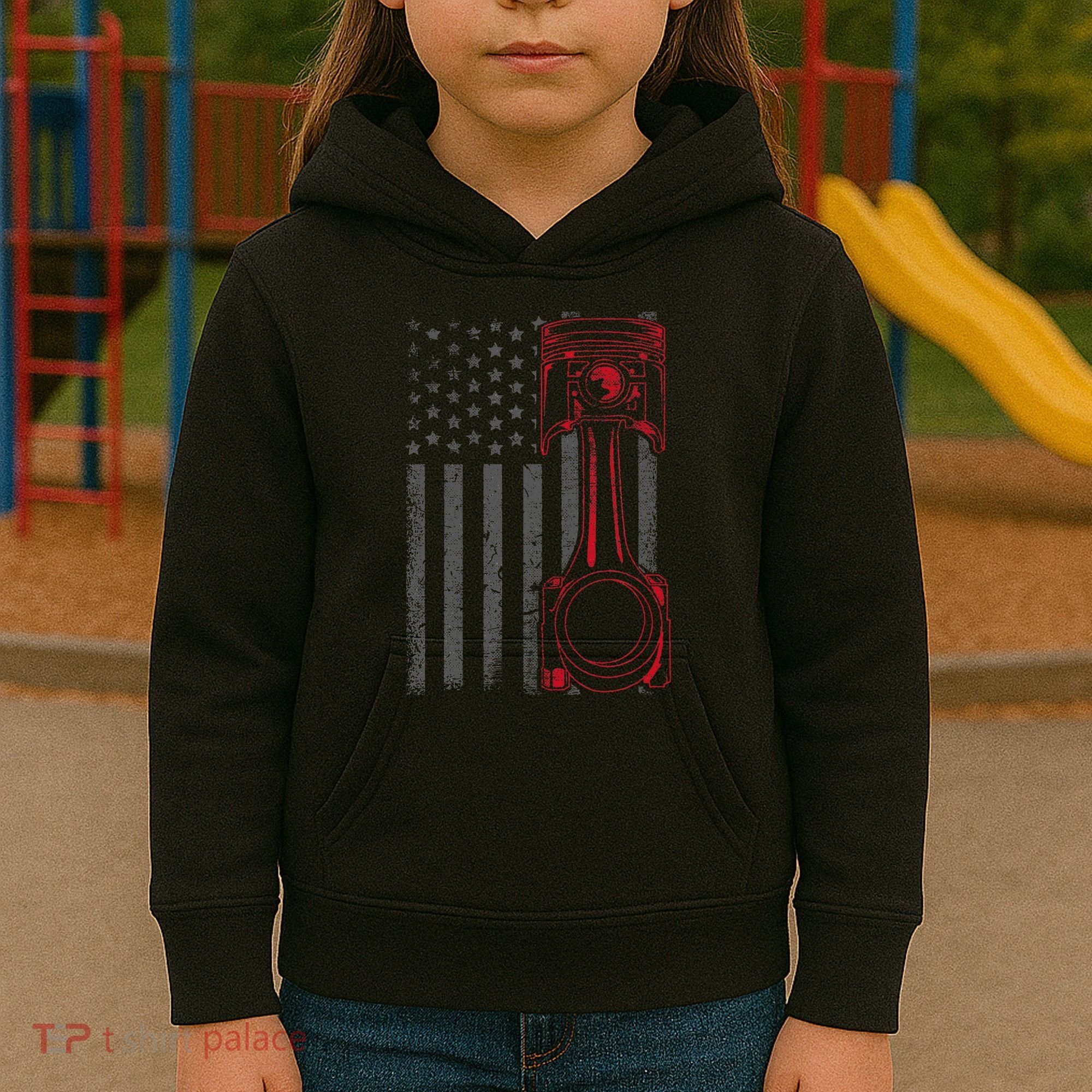 American Flag Piston Funny Muscle Car Mechanic Gift Kids Hoodie