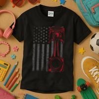 American Flag Piston Funny Muscle Car Mechanic Gift Kids T-Shirt thumb 3