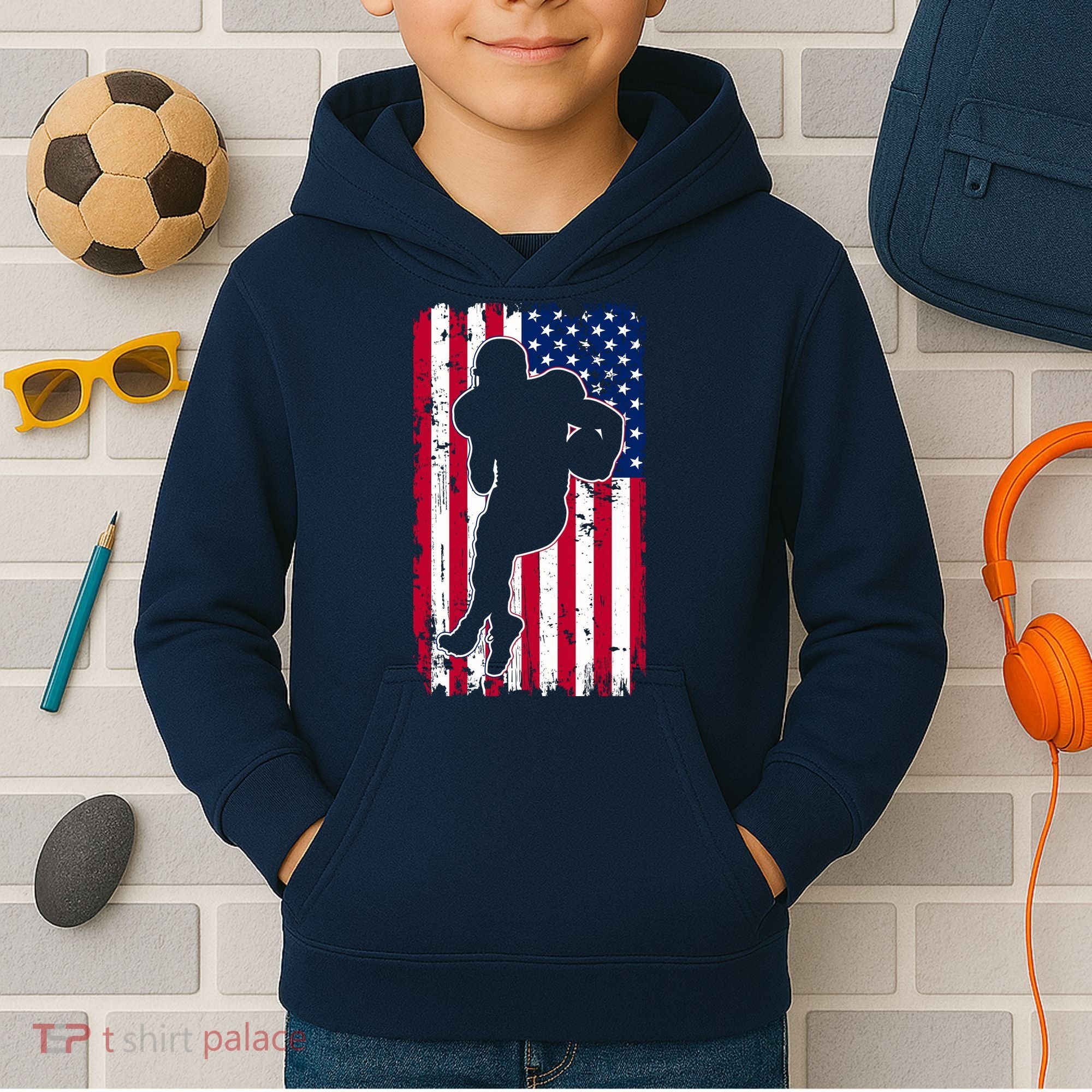 American Football Player Distressed USA Flag Kids Hoodie