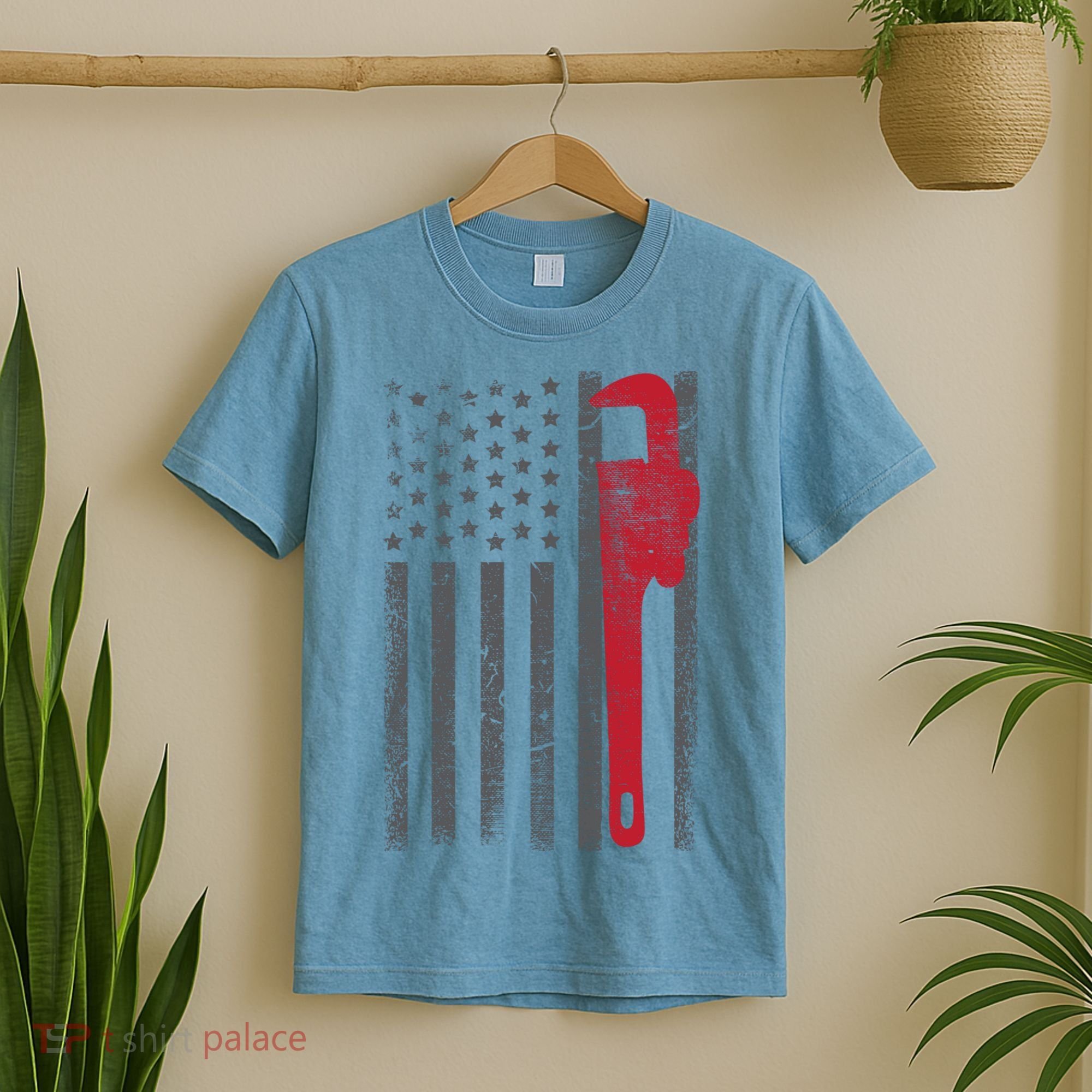 American Flag Plumber Vintage Plumbing Worker Men Funny Gift T-Shirt