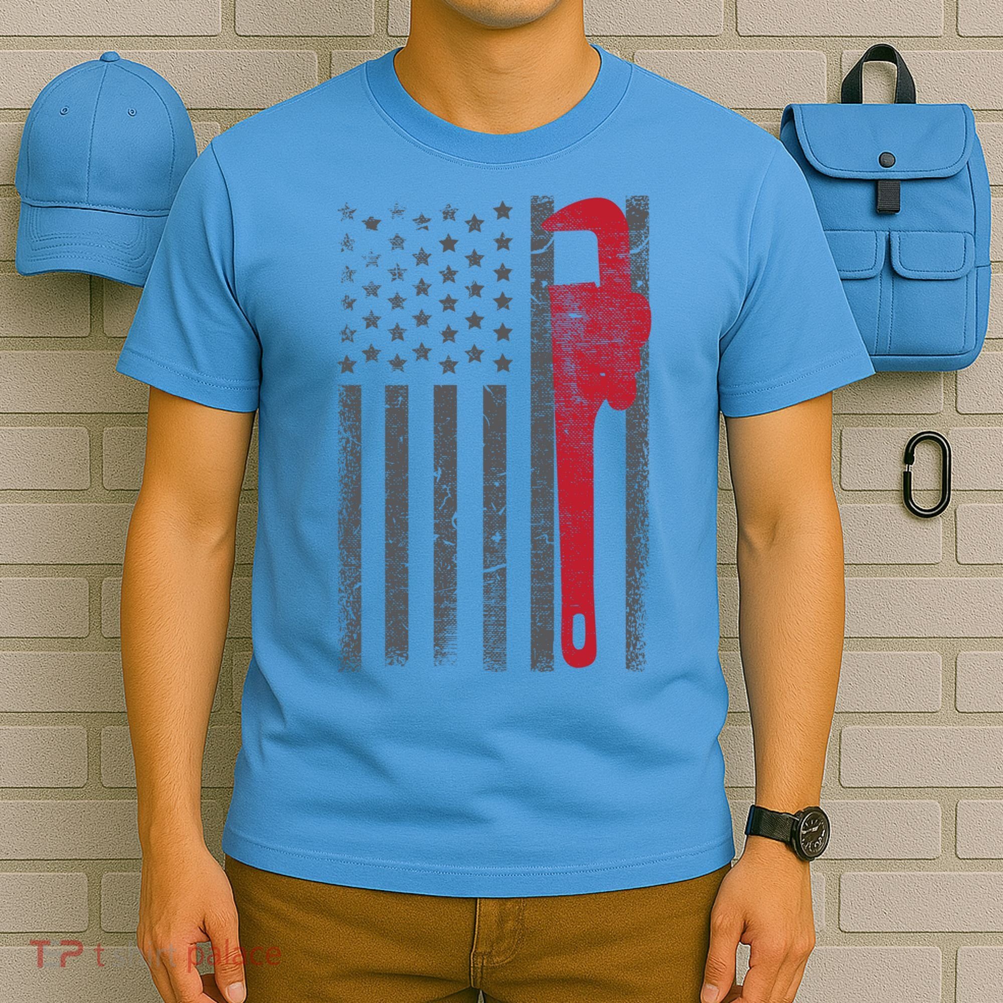 American Flag Plumber Vintage Plumbing Worker Men Funny Gift T-Shirt