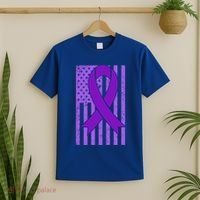 American Flag Ribbon Purple Sarcoidosis Awareness Cool Gift T-Shirt thumb 2