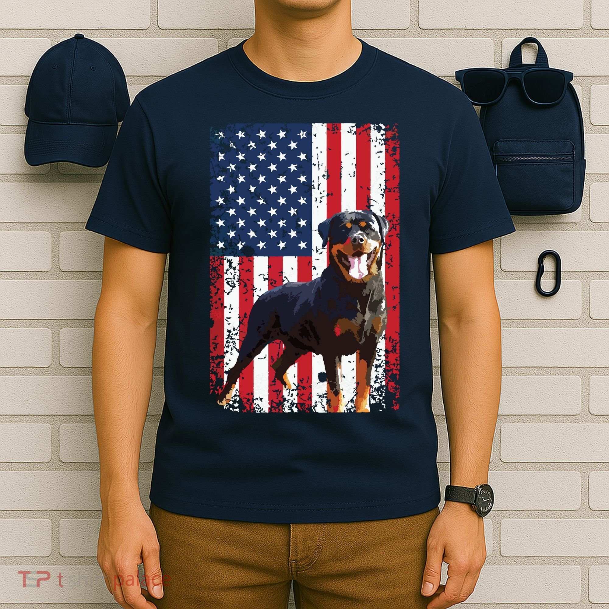 American Flag Rottweiler Dog Lover Funny 4th Of July Dog T-Shirt
