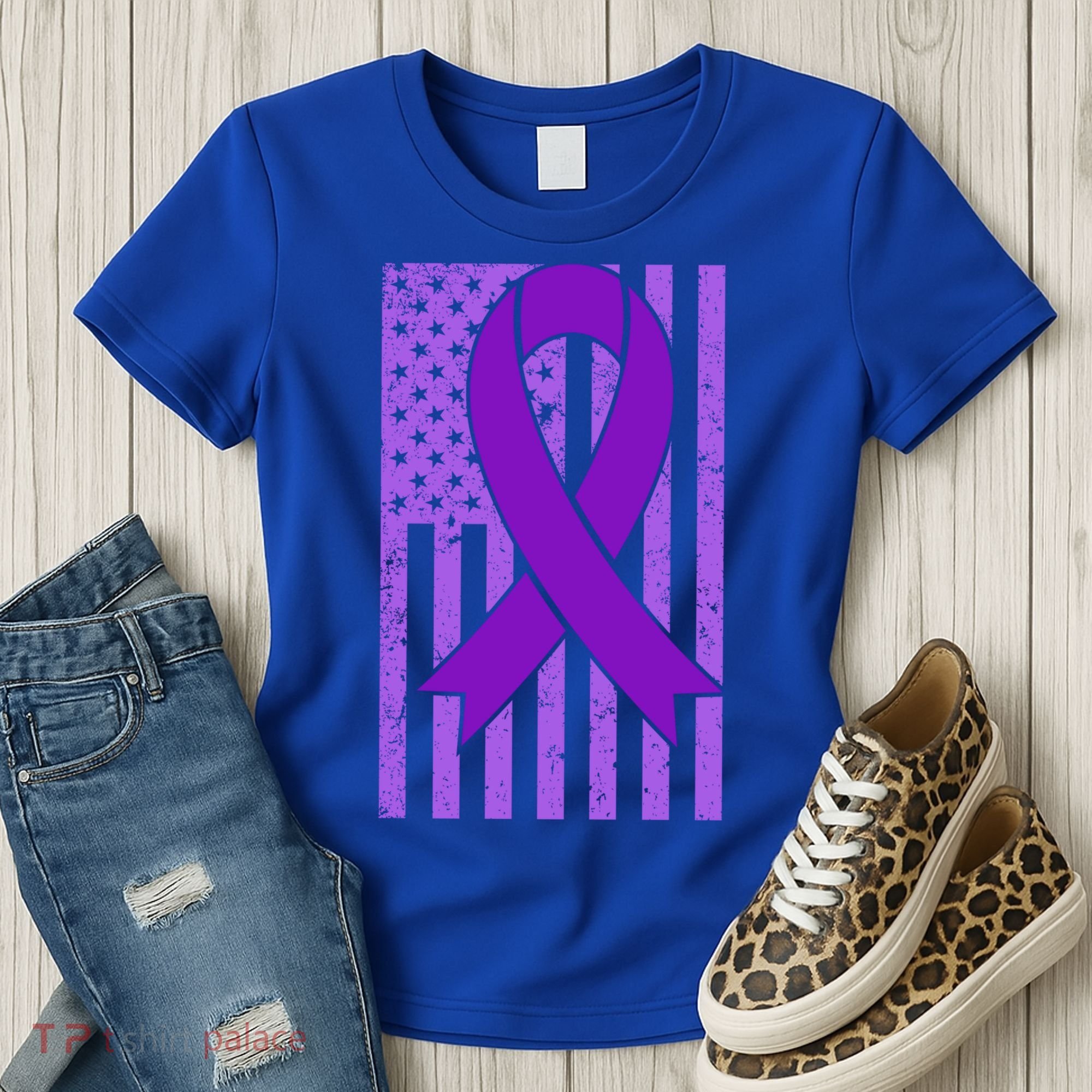 American Flag Ribbon Purple Sarcoidosis Awareness Great Gift Women's T-Shirt