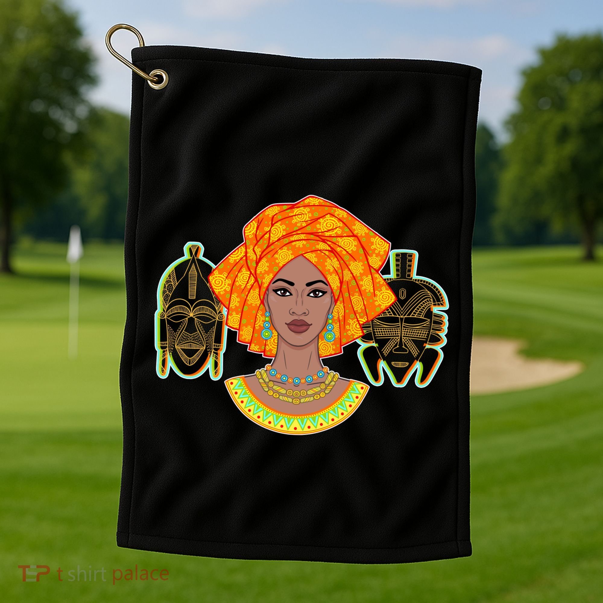 African Woman With Tribal Masks Golf Towel