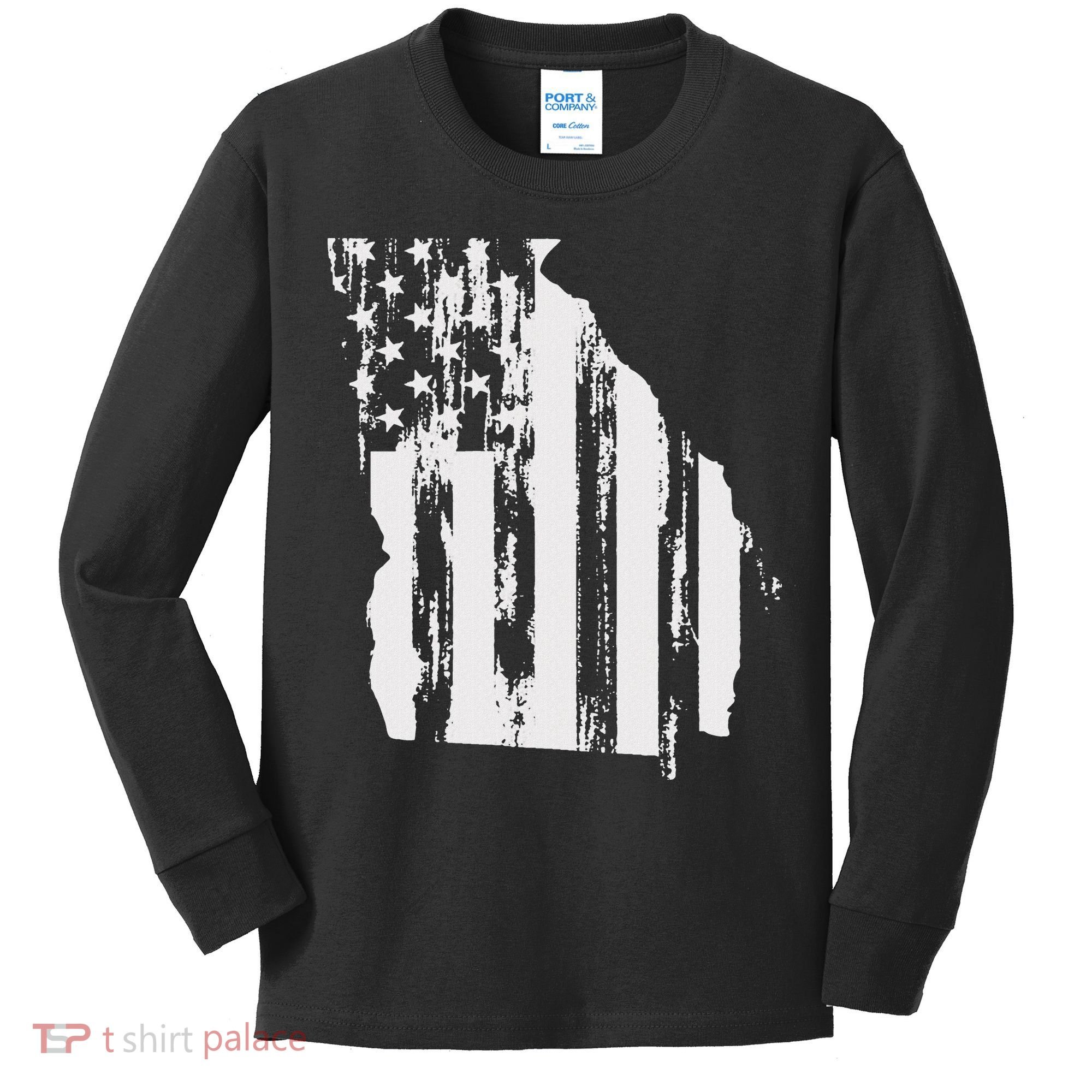 American Flag State Of Georgia Distressed Patriotic Kids Long Sleeve Shirt