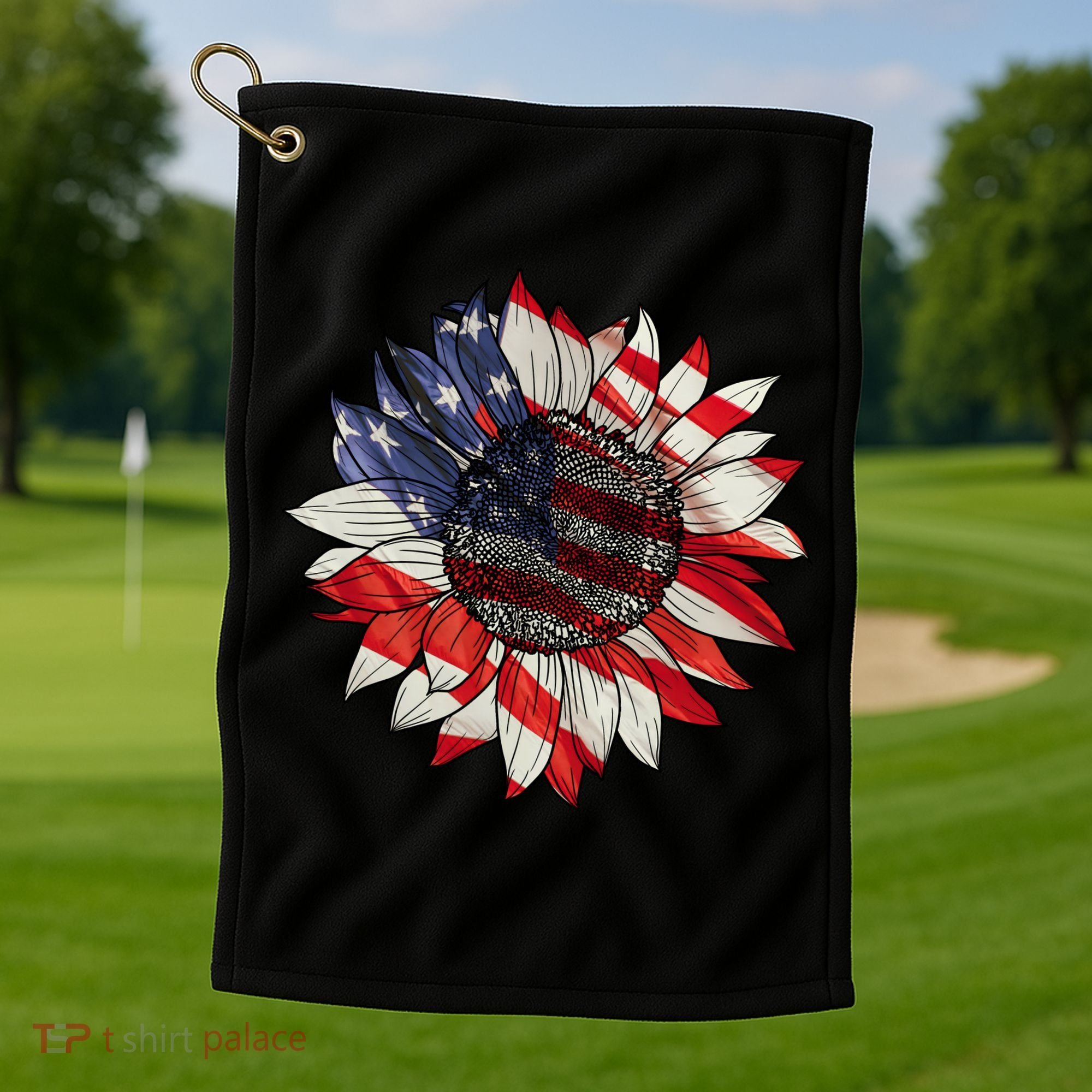 American Flag Sunflower 4th Of July Golf Towel