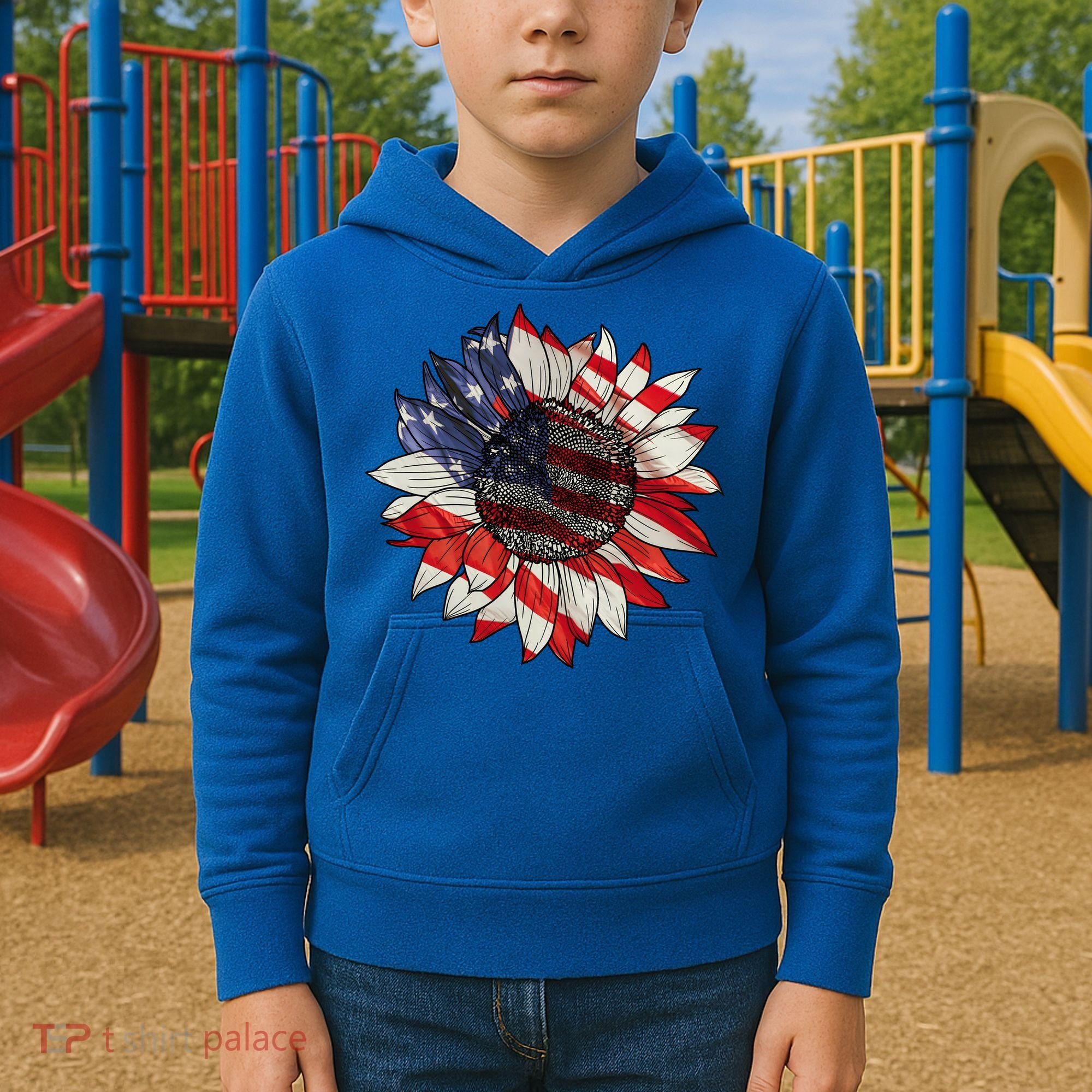 American Flag Sunflower 4th Of July Kids Hoodie