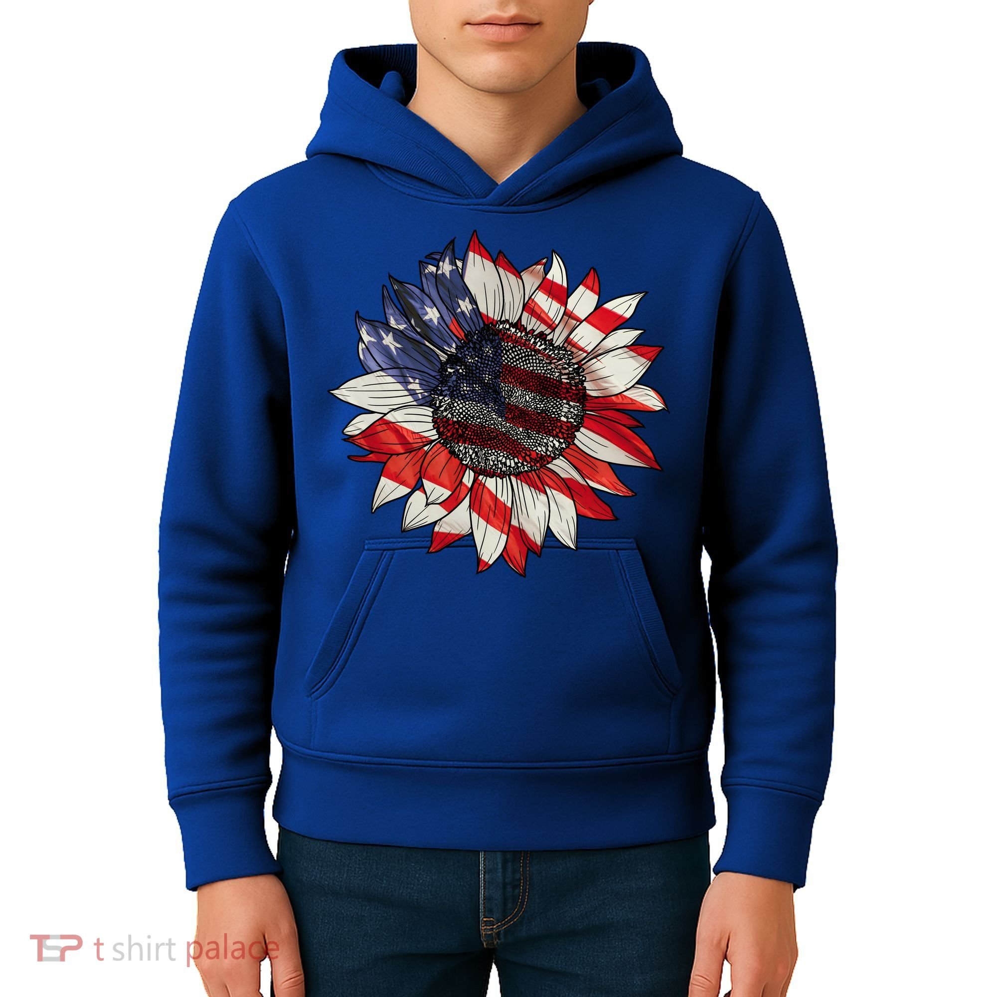 American Flag Sunflower 4th Of July Kids Hoodie