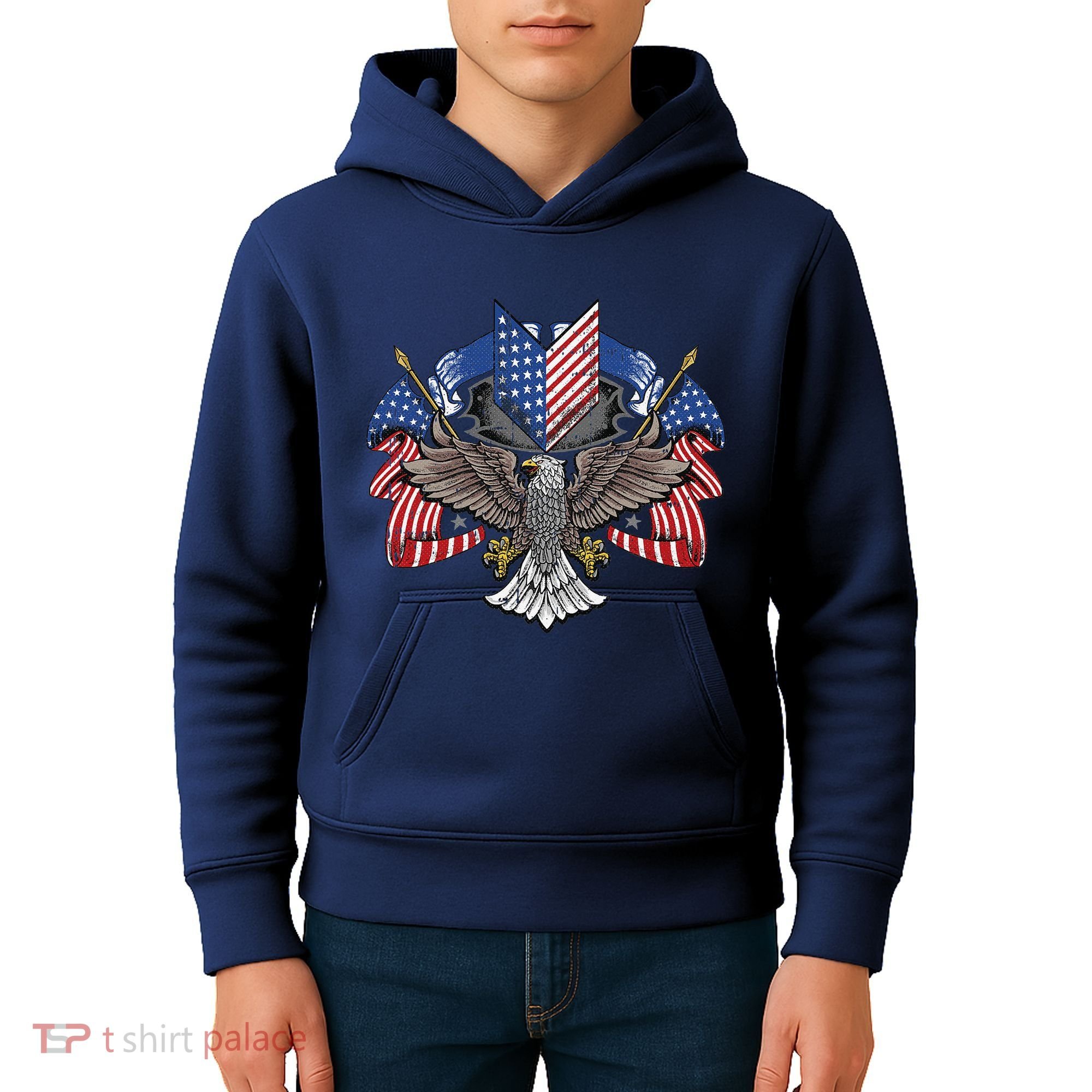 American Flag Shield 4th Of July USA Eagle Patriotic Kids Hoodie