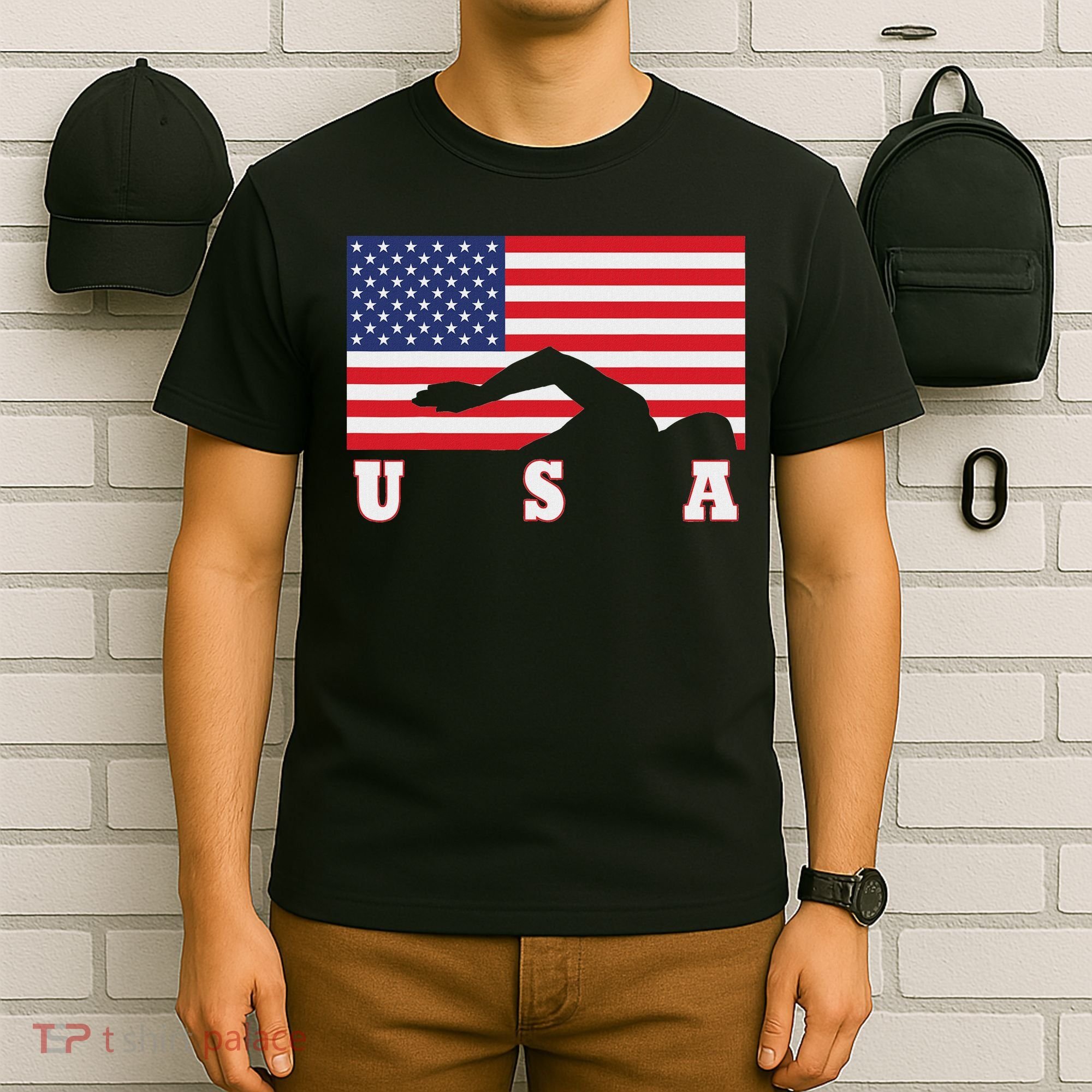 American Flag Swimming Usa Gift T-Shirt