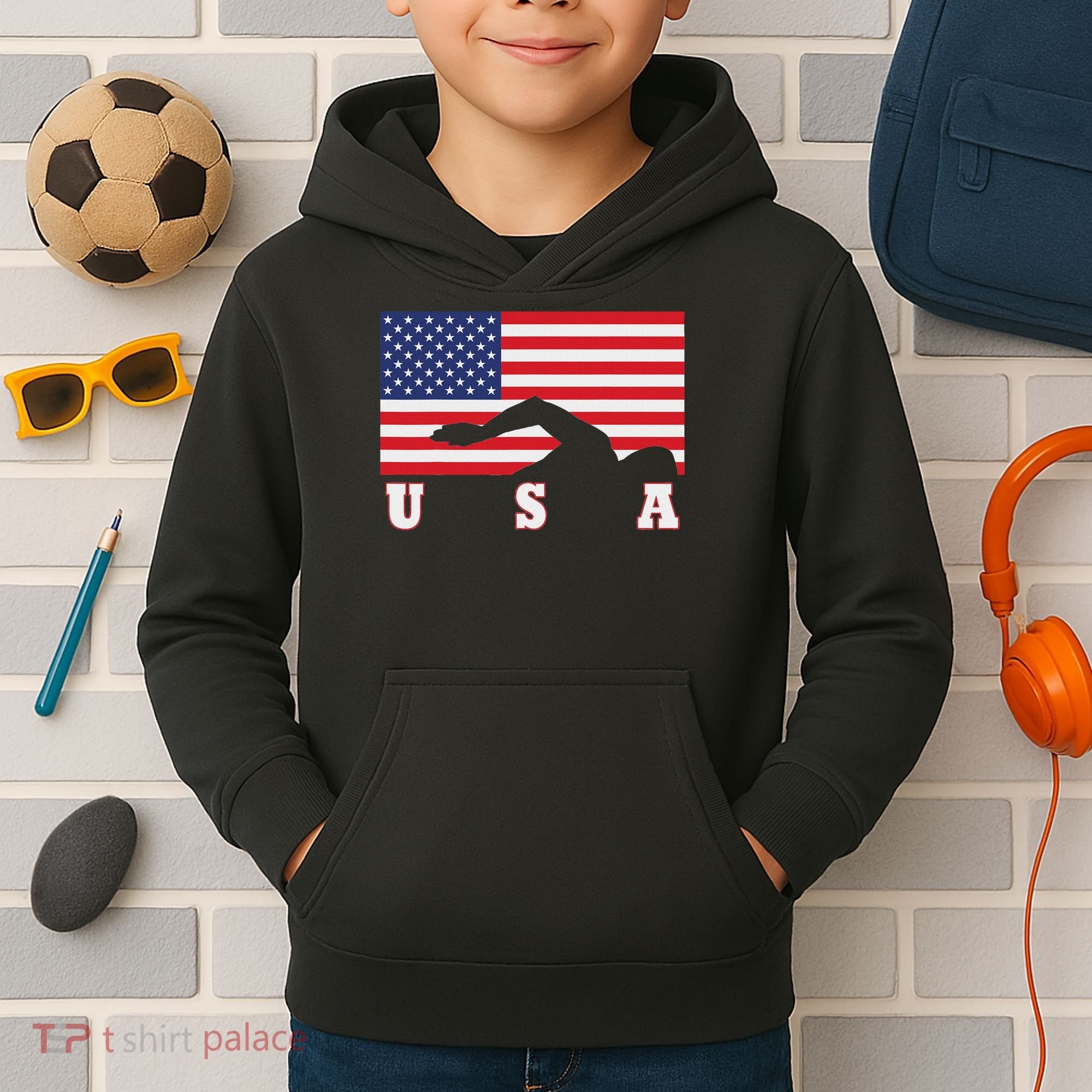 American Flag Swimming Usa Gift Kids Hoodie