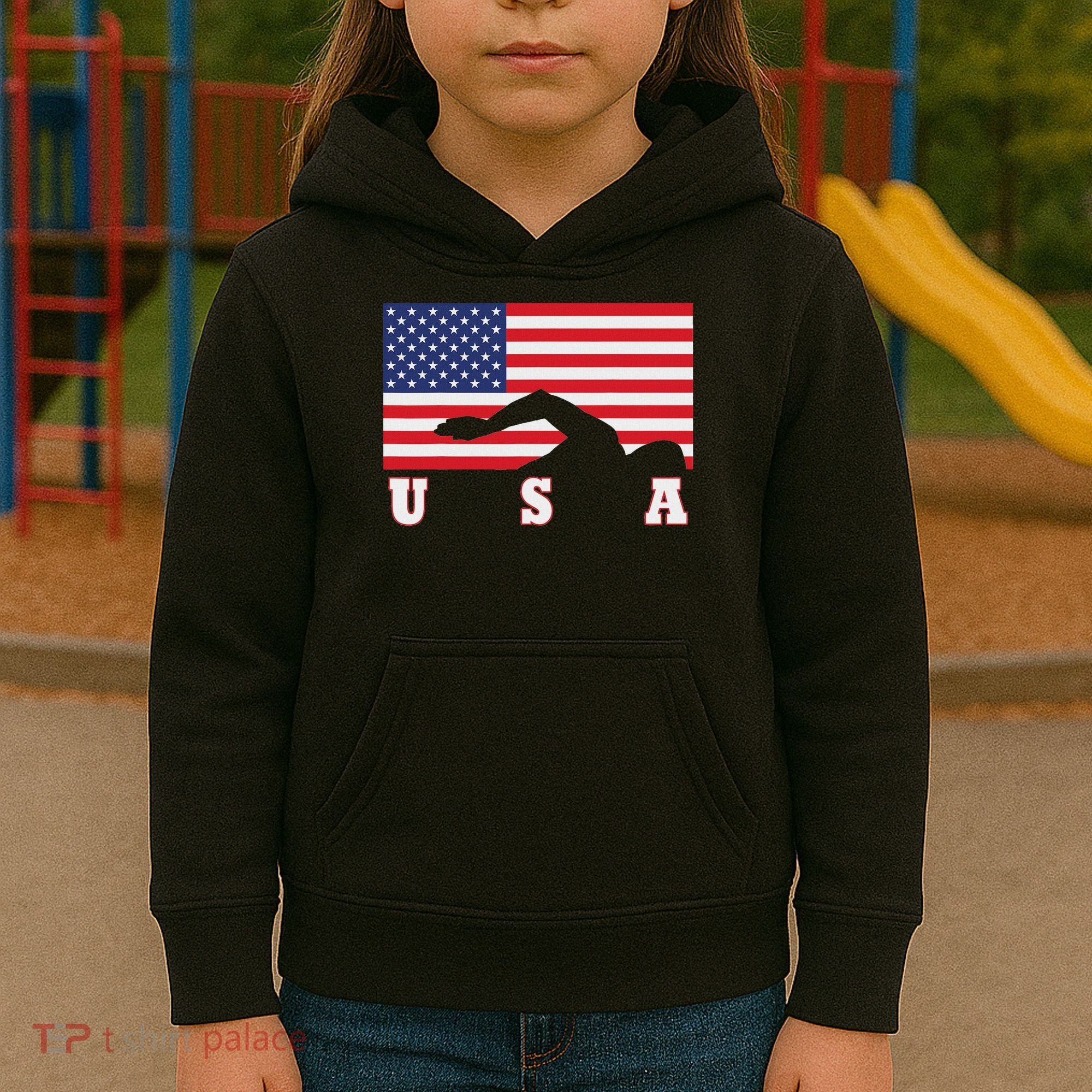 American Flag Swimming Usa Gift Kids Hoodie