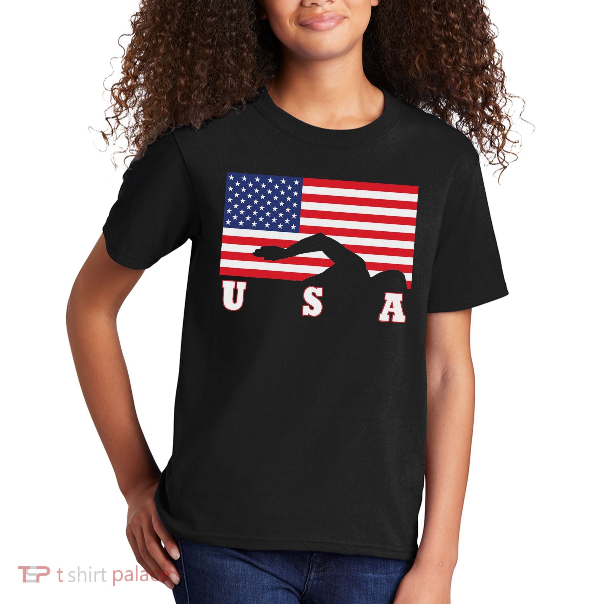 American Flag Swimming Usa Gift Kids T-Shirt