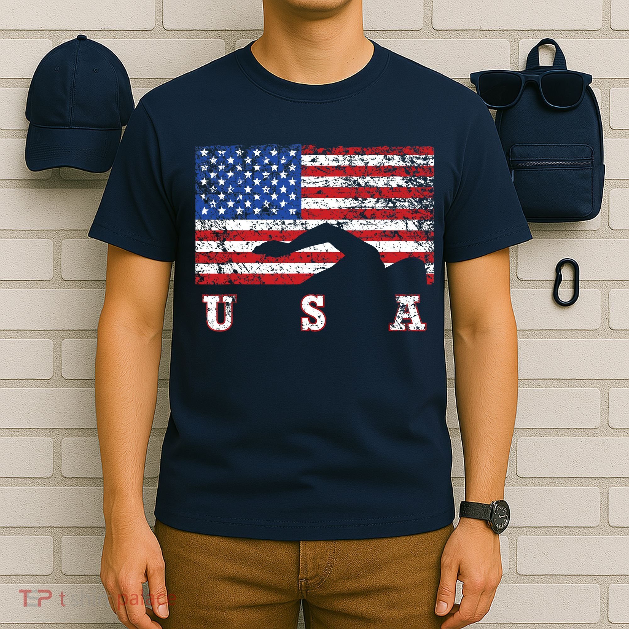 American Flag Swimming USA Gift, Swim Team T-Shirt