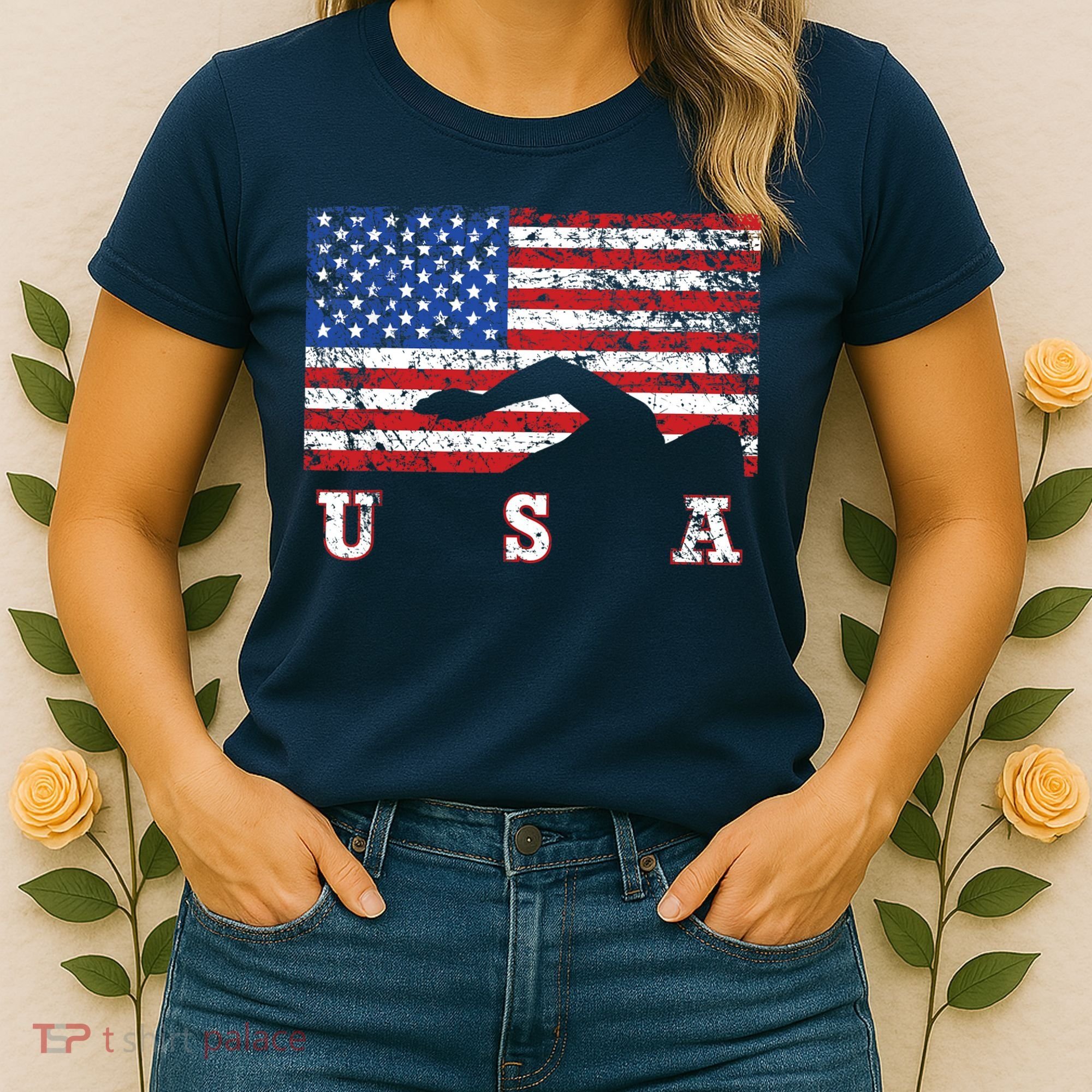 American Flag Swimming USA Gift, Swim Team Women's T-Shirt