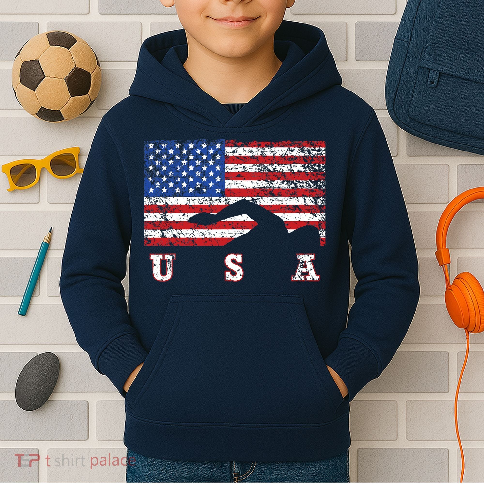 American Flag Swimming USA Gift, Swim Team Kids Hoodie