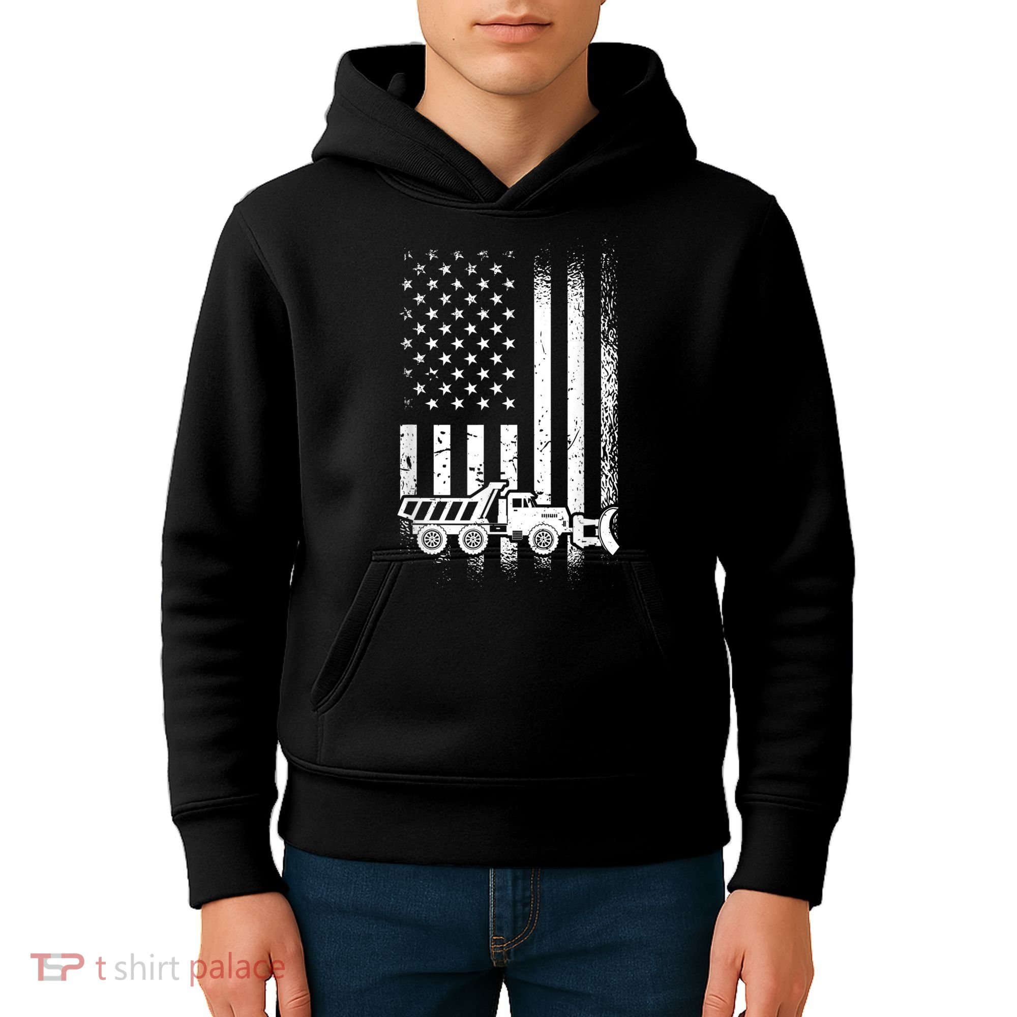 American Flag Snow Plow Driver, Snow Plowing Kids Hoodie