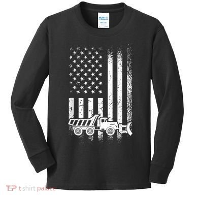 American Flag Snow Plow Driver, Snow Plowing Kids Long Sleeve Shirt