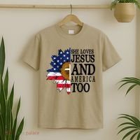 American Flag Sunflower She Loves Jesus And America Too T-Shirt thumb 2