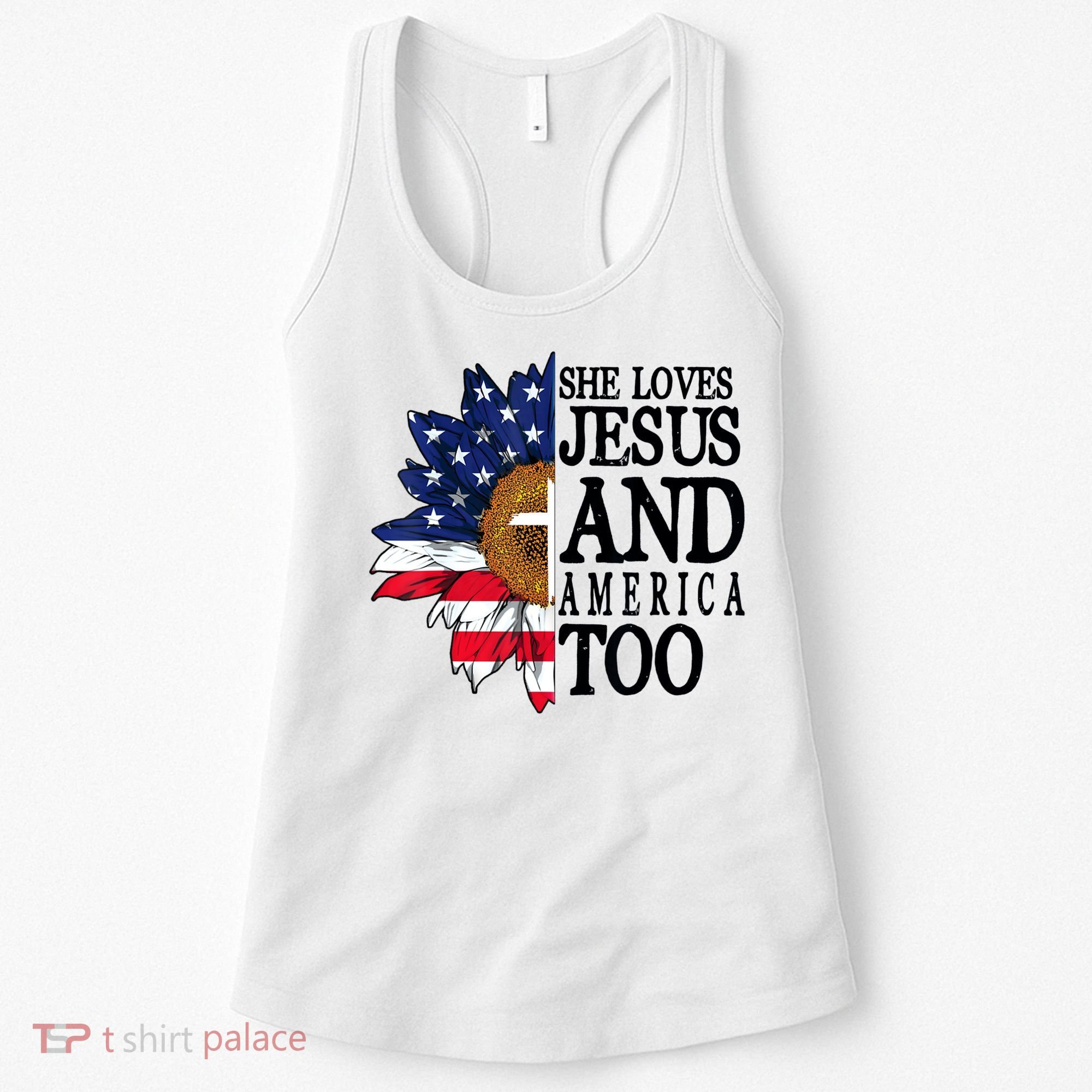 American Flag Sunflower She Loves Jesus And America Too Women's Tank Top
