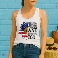 American Flag Sunflower She Loves Jesus And America Too Women's Tank Top thumb 2