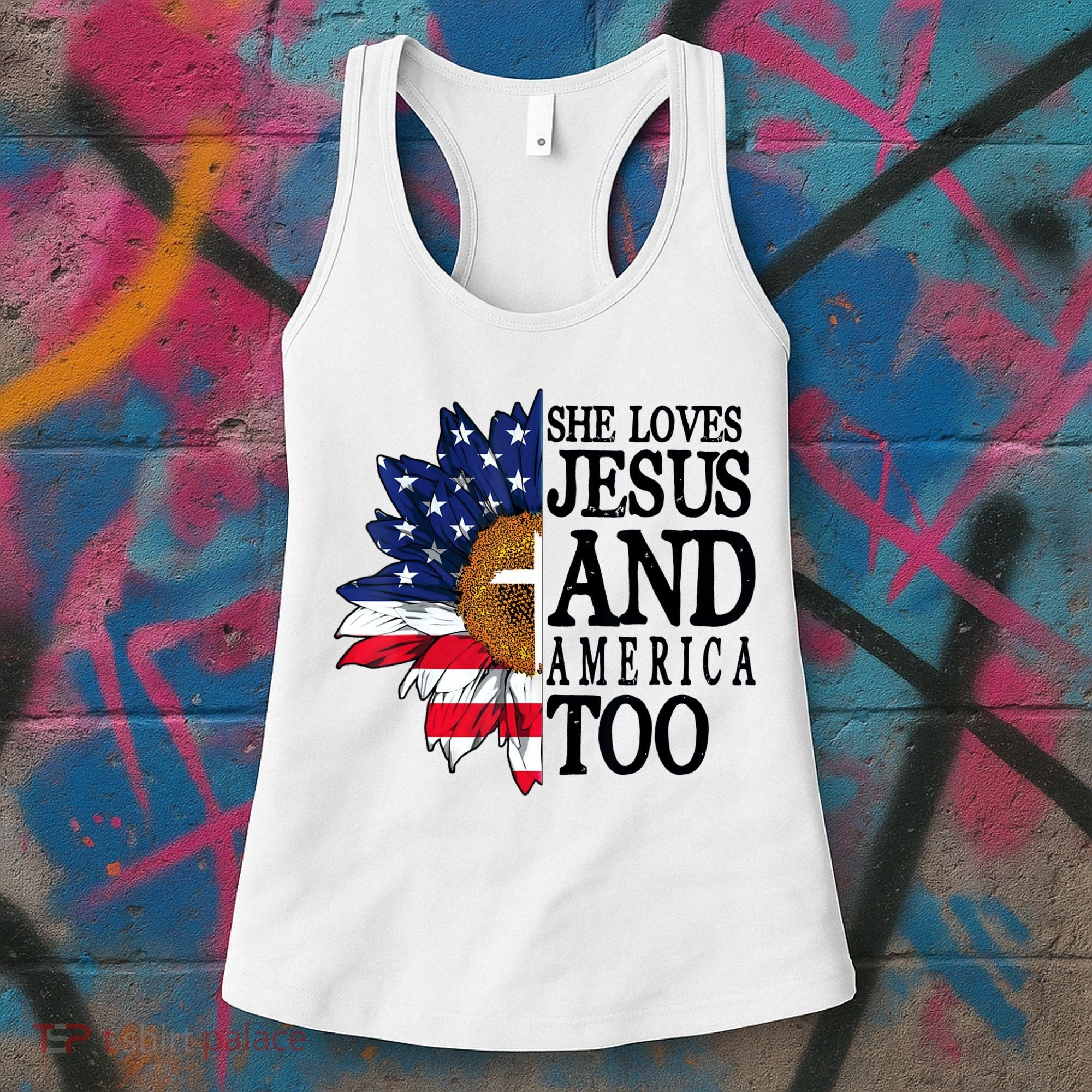 American Flag Sunflower She Loves Jesus And America Too Women's Tank Top