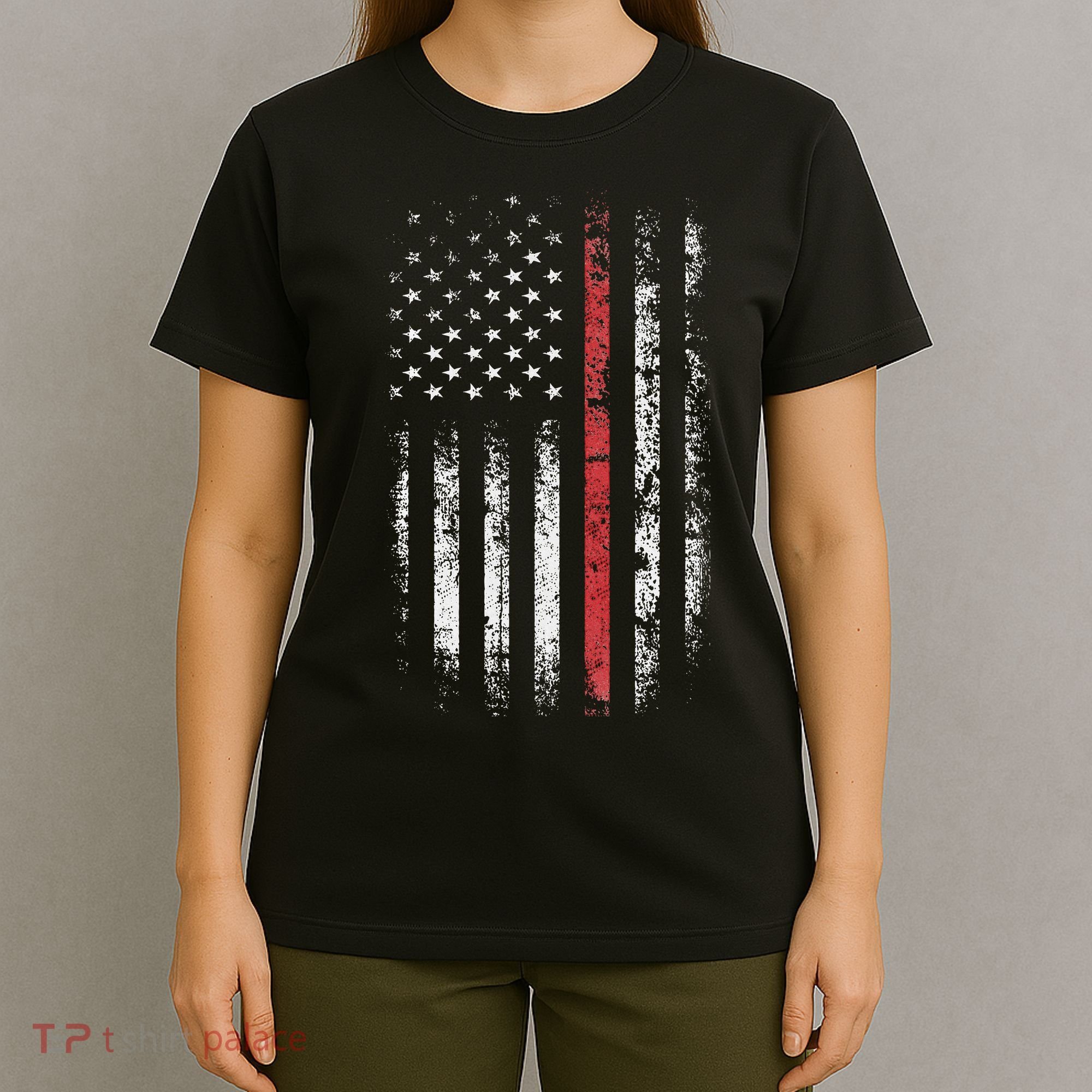 American Flag Thin Red Line Firefighter Support Patriotic T-Shirt