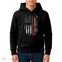 American Flag Thin Red Line Firefighter Support Patriotic Kids Hoodie thumb 4