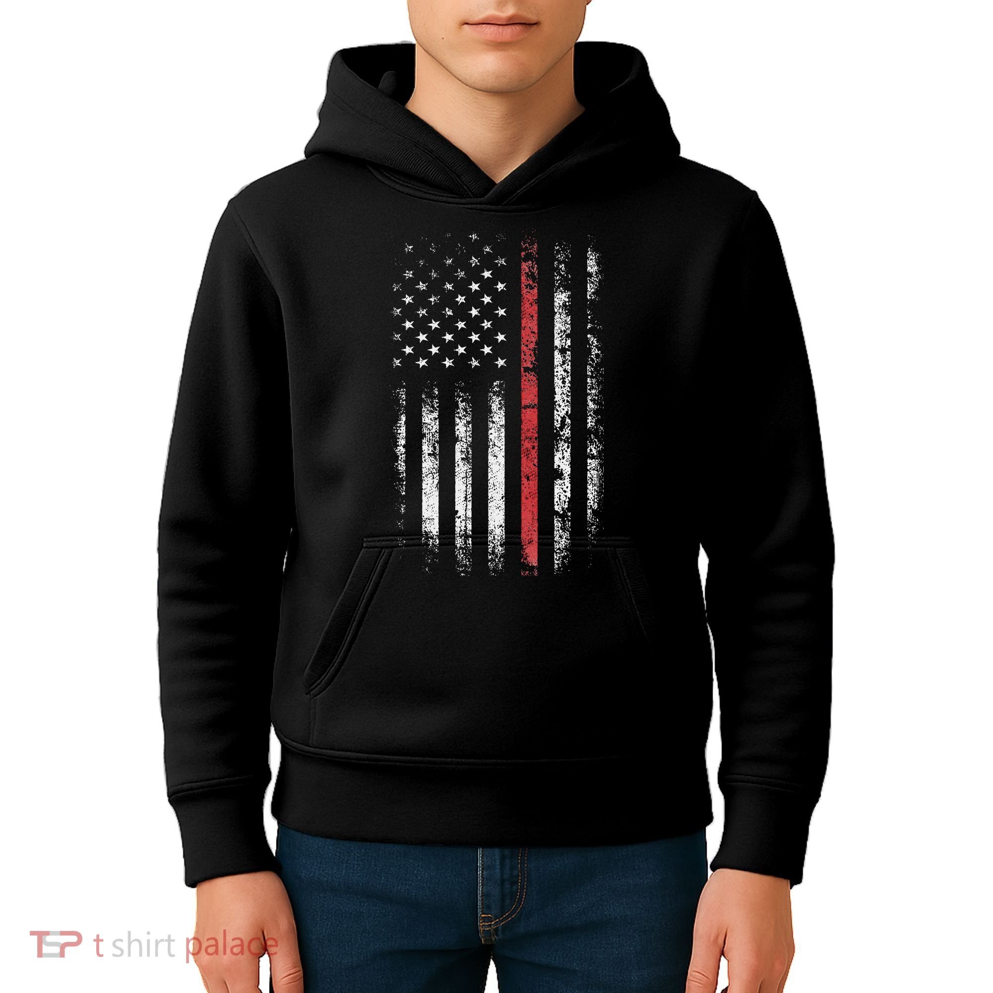 American Flag Thin Red Line Firefighter Support Patriotic Kids Hoodie