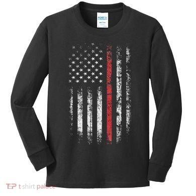 American Flag Thin Red Line Firefighter Support Patriotic Kids Long Sleeve Shirt