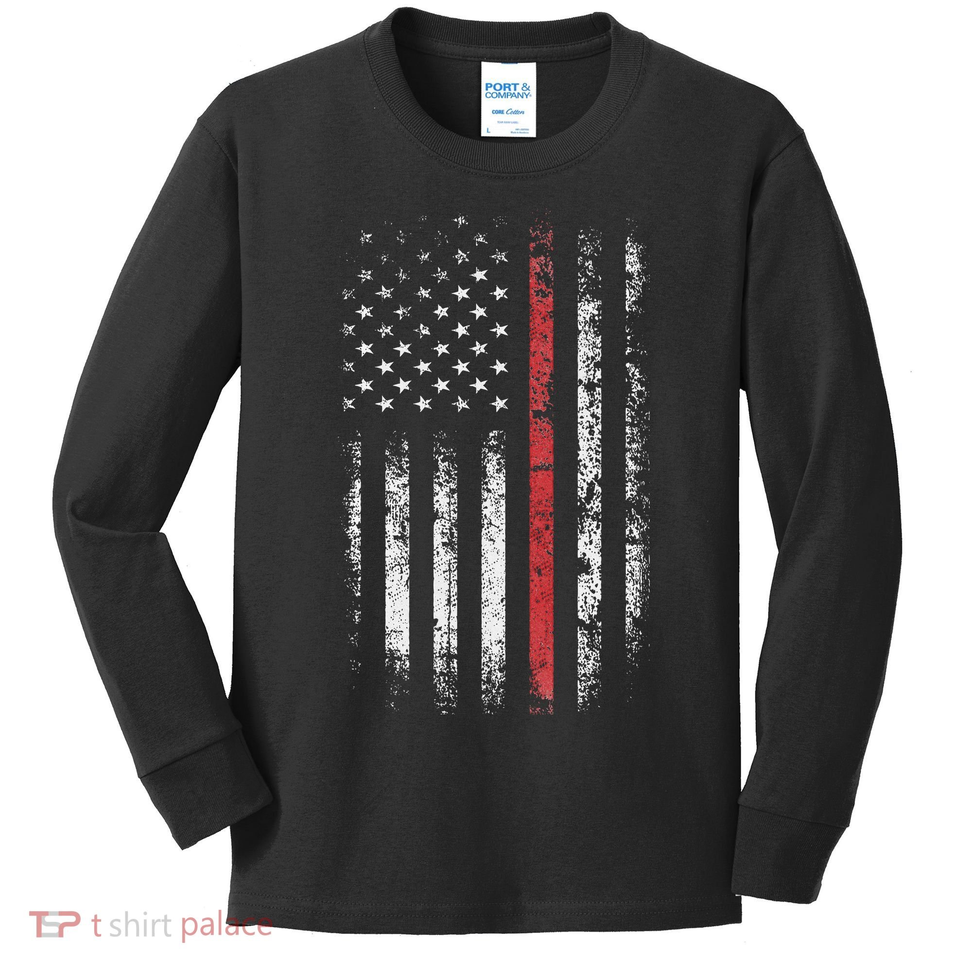 American Flag Thin Red Line Firefighter Support Patriotic Kids Long Sleeve Shirt