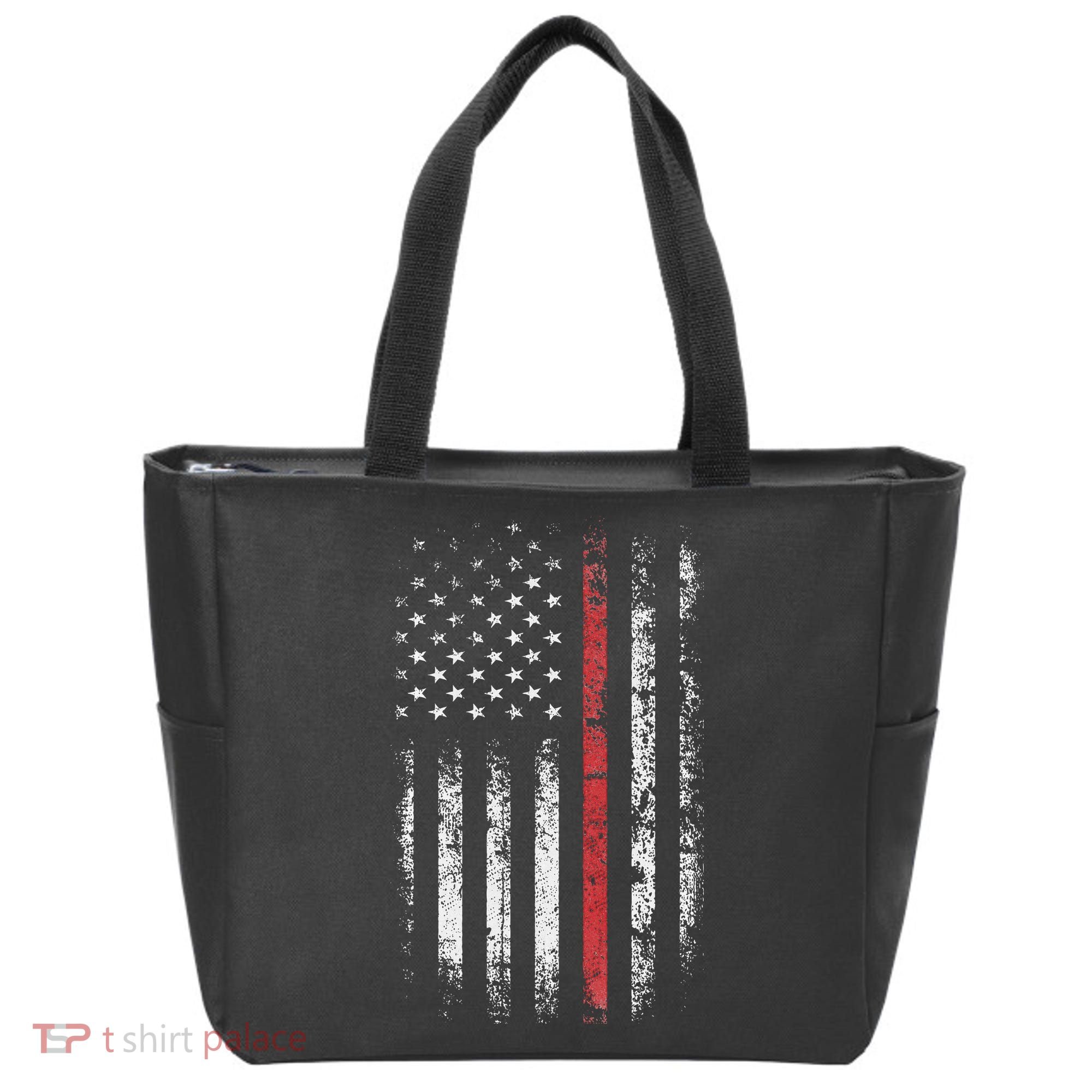 American Flag Thin Red Line Firefighter Support Patriotic Tote Bag