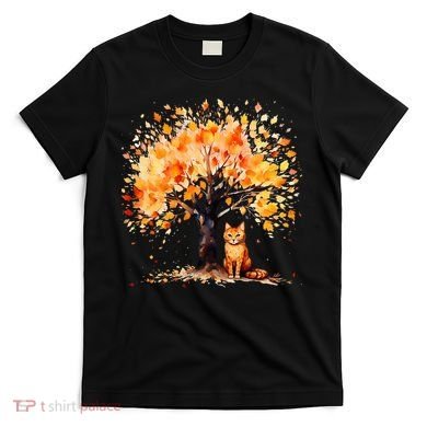 Artistic Fall Tree with Orange Tabby Cat Watercolor T-Shirt