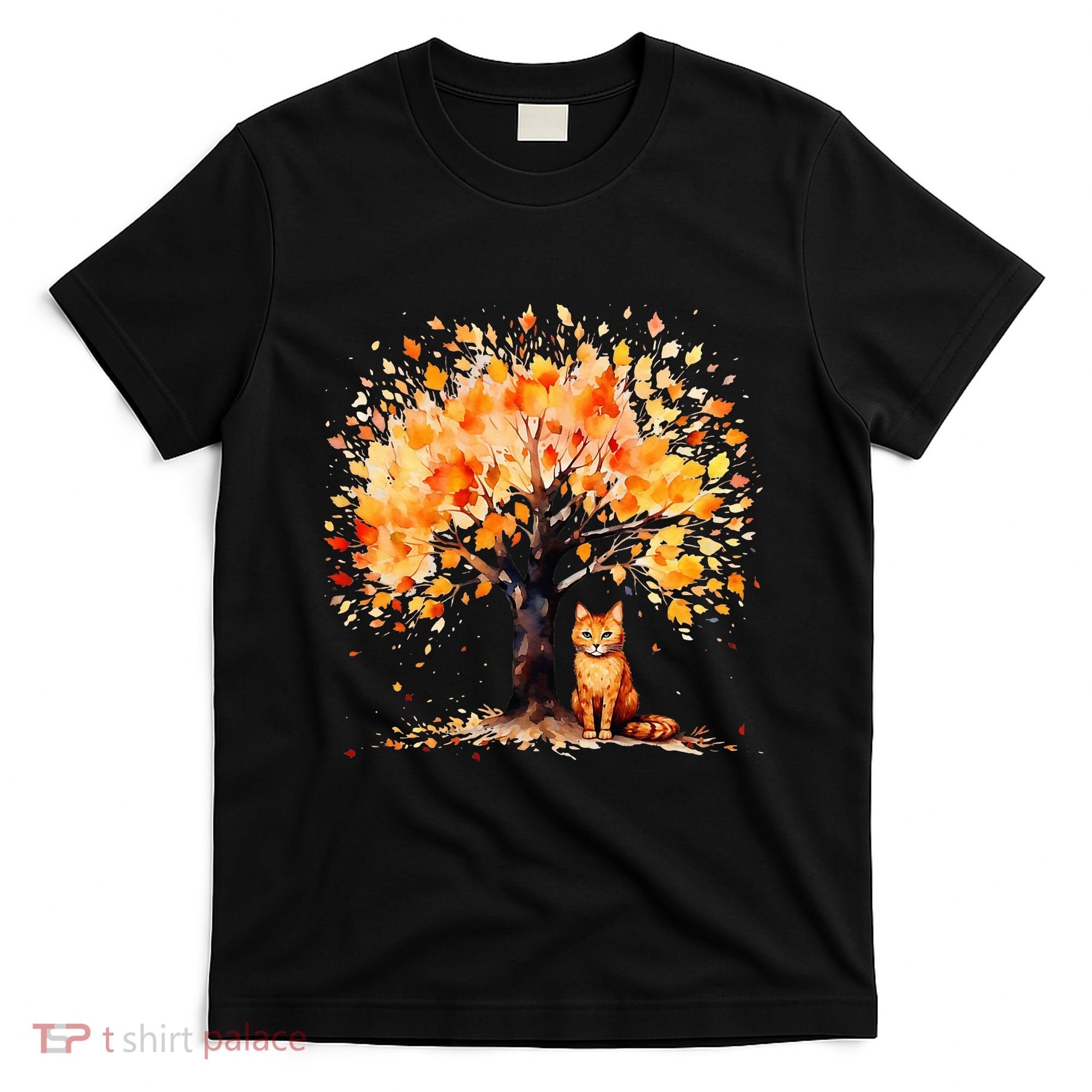 Artistic Fall Tree with Orange Tabby Cat Watercolor T-Shirt