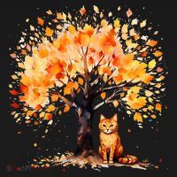 Artistic Fall Tree with Orange Tabby Cat Watercolor T-Shirt thumb 7