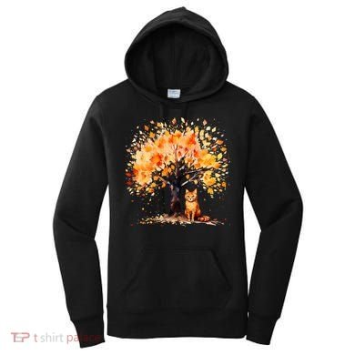 Artistic Fall Tree with Orange Tabby Cat Watercolor Women's Hoodie