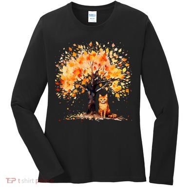 Artistic Fall Tree with Orange Tabby Cat Watercolor Women's Long Sleeve Shirt