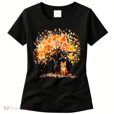 Artistic Fall Tree with Orange Tabby Cat Watercolor Women's T-Shirt
