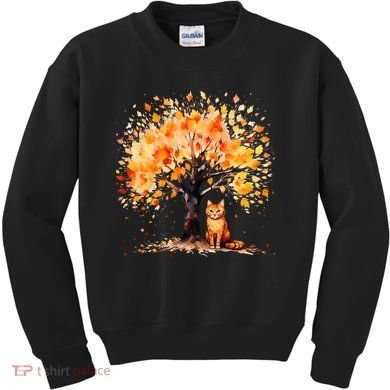 Artistic Fall Tree with Orange Tabby Cat Watercolor Kids Sweatshirt
