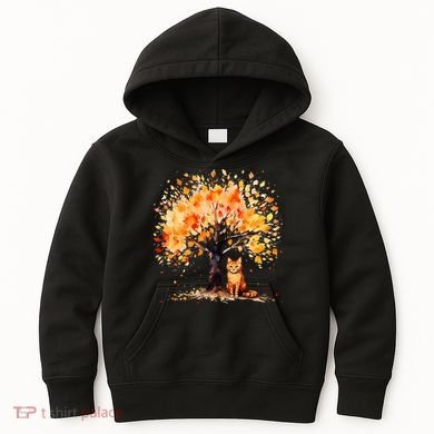 Artistic Fall Tree with Orange Tabby Cat Watercolor Kids Hoodie