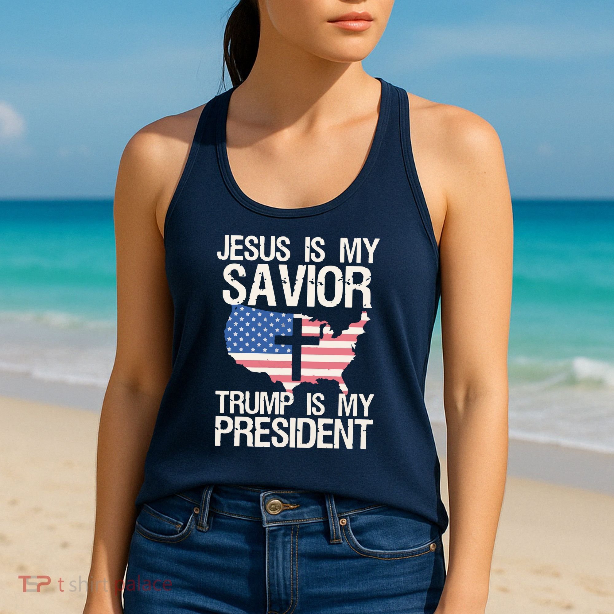American Flag Tee Jesus Is My Savior Trump Is My President Women's Tank Top