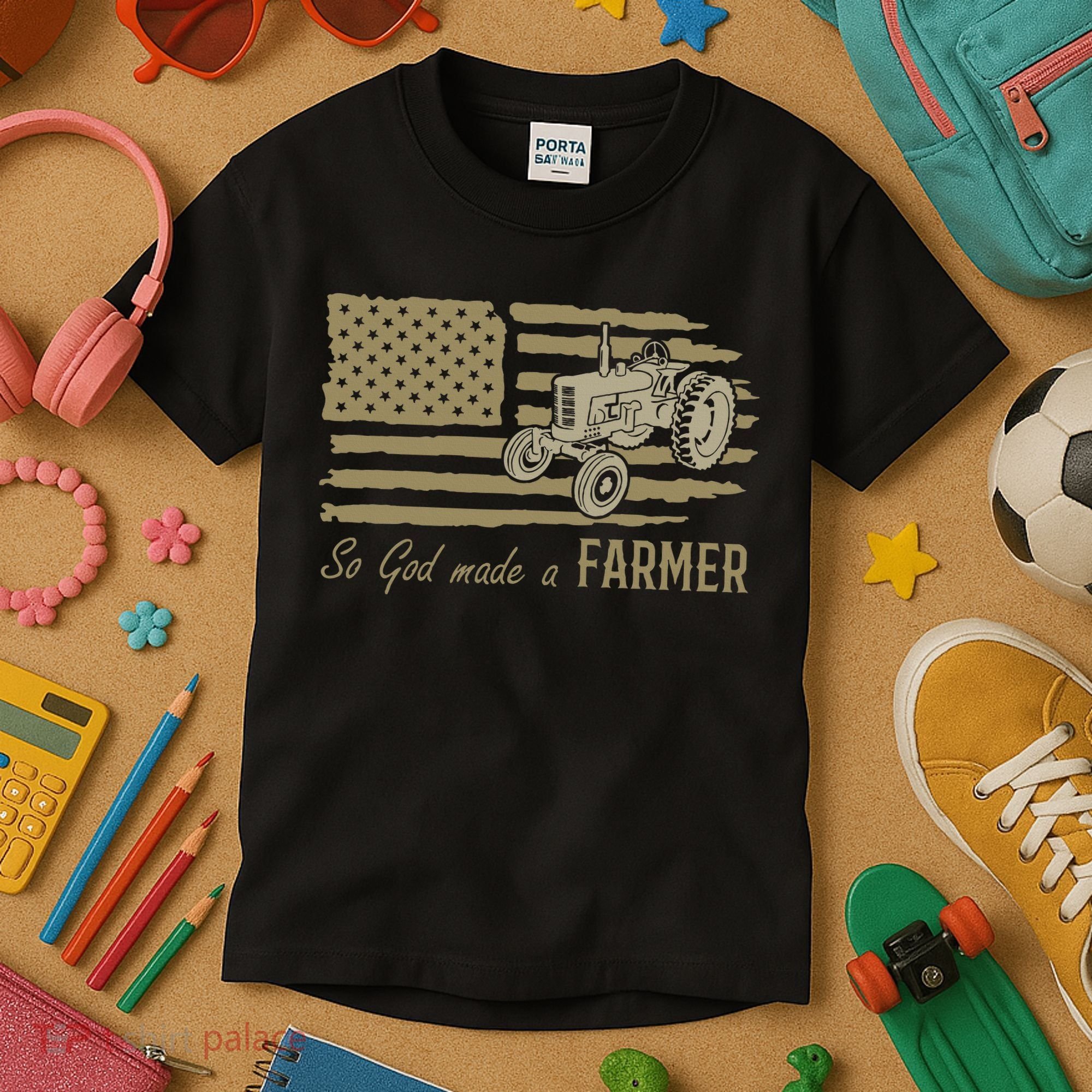 American Flag Tractor So God Made A Farmer Kids T-Shirt