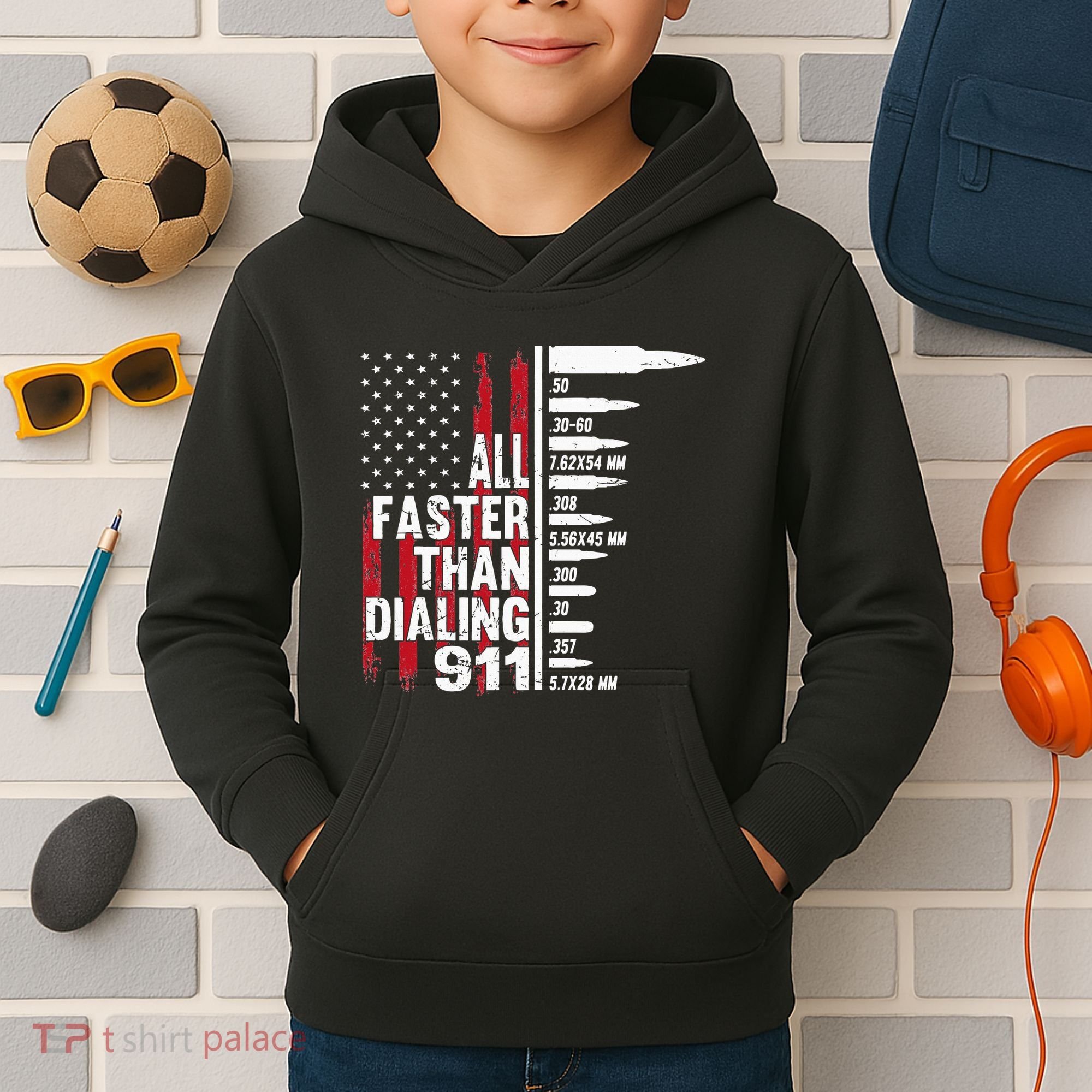 All Faster Than Dialing 911 American Flag Gun Lover Kids Hoodie